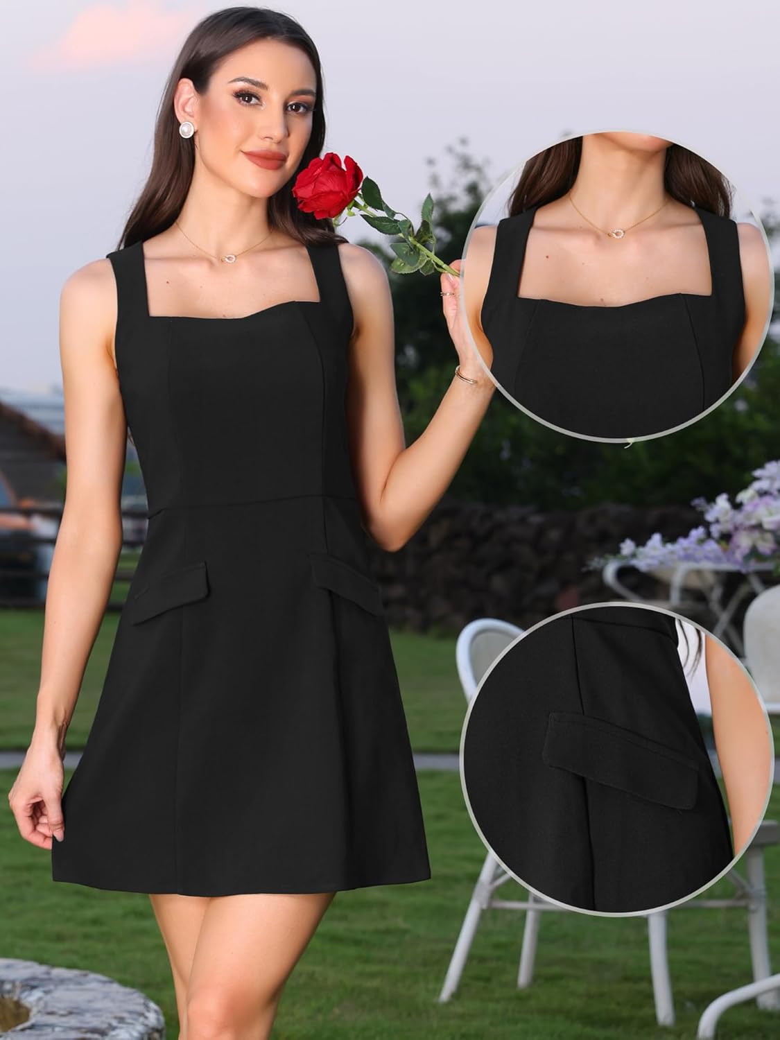 Allegra K Party Dress for Women Square Neck Sleeveless Wide Shoulder Strap A Line Cocktail Mini Short Dresses - Image 4