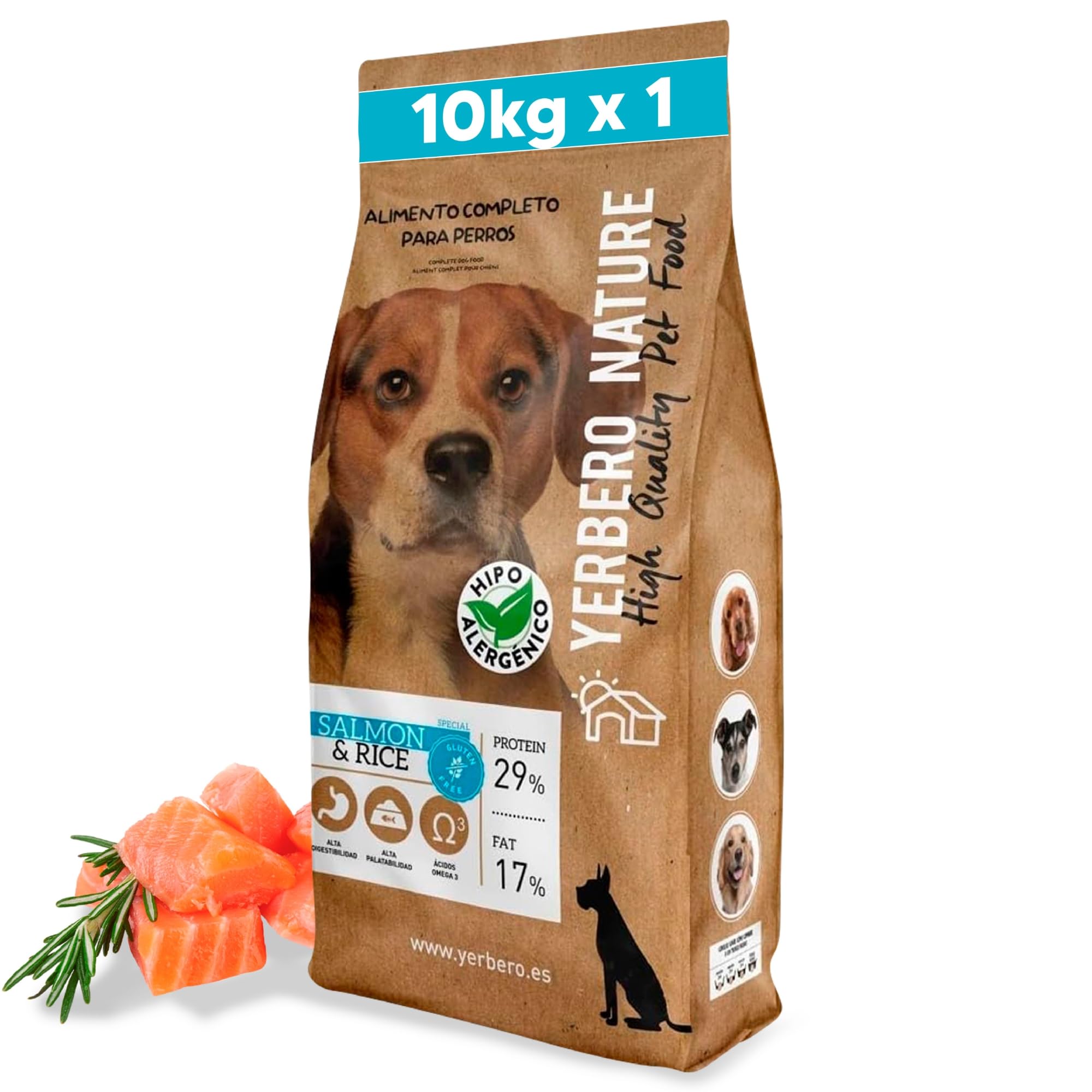Yerbero Nature Salmon & Rice, Pienso para Perros sin Gluten con Salmón,Pienso Hipoalergénico para Perros con Alta Digestibilidad con Omega 3 para Pelo Brillante (Salmón y arroz) 10kg