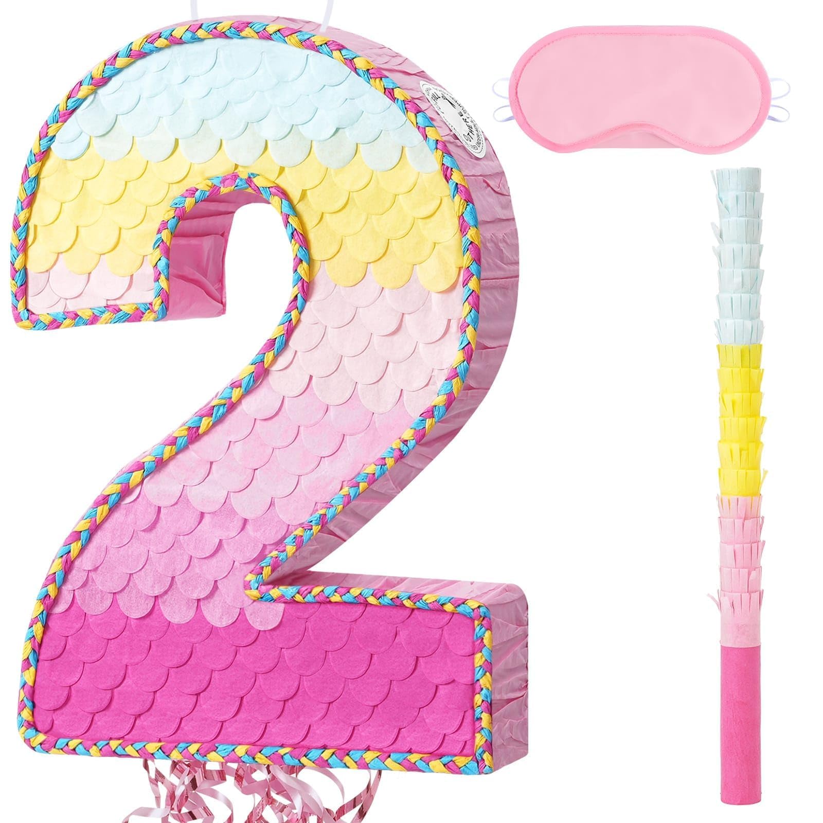 WERNNSAI Number 2 Pinata - 2nd Birthday Decoration Rainbow Number Pinata with Blindfold and Stick for 2nd Birthday Party 2 Year Anniversary Decoration Party Supplies — image 1