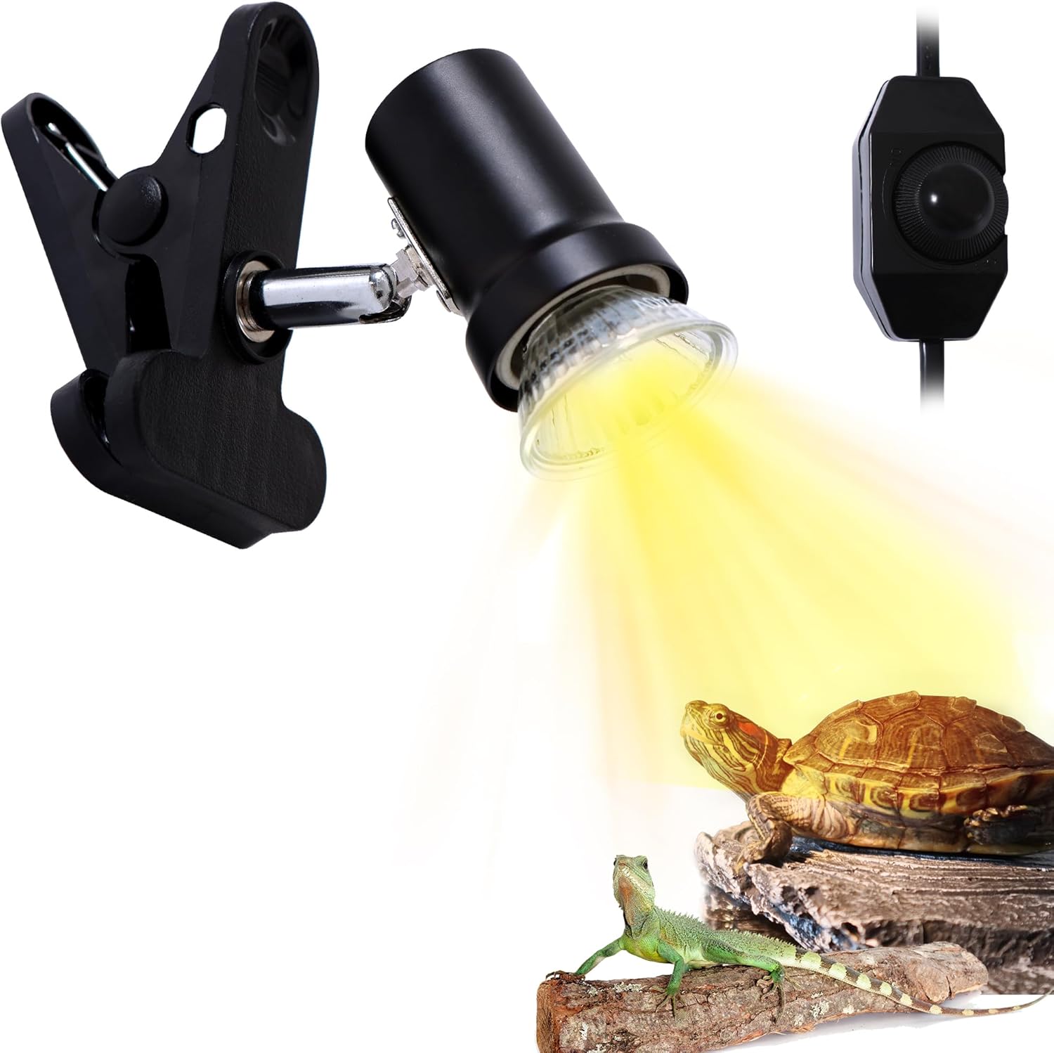 Reptile Heat Lamp with Dual Head, UVA UVB Light for Aquarium Turtle Tank, with 2 * 50w Basking Bulb and 360° Swivel Clamp Stand for Tortoise, Snake, Frog, Lizard. Halogen, Yellow Light