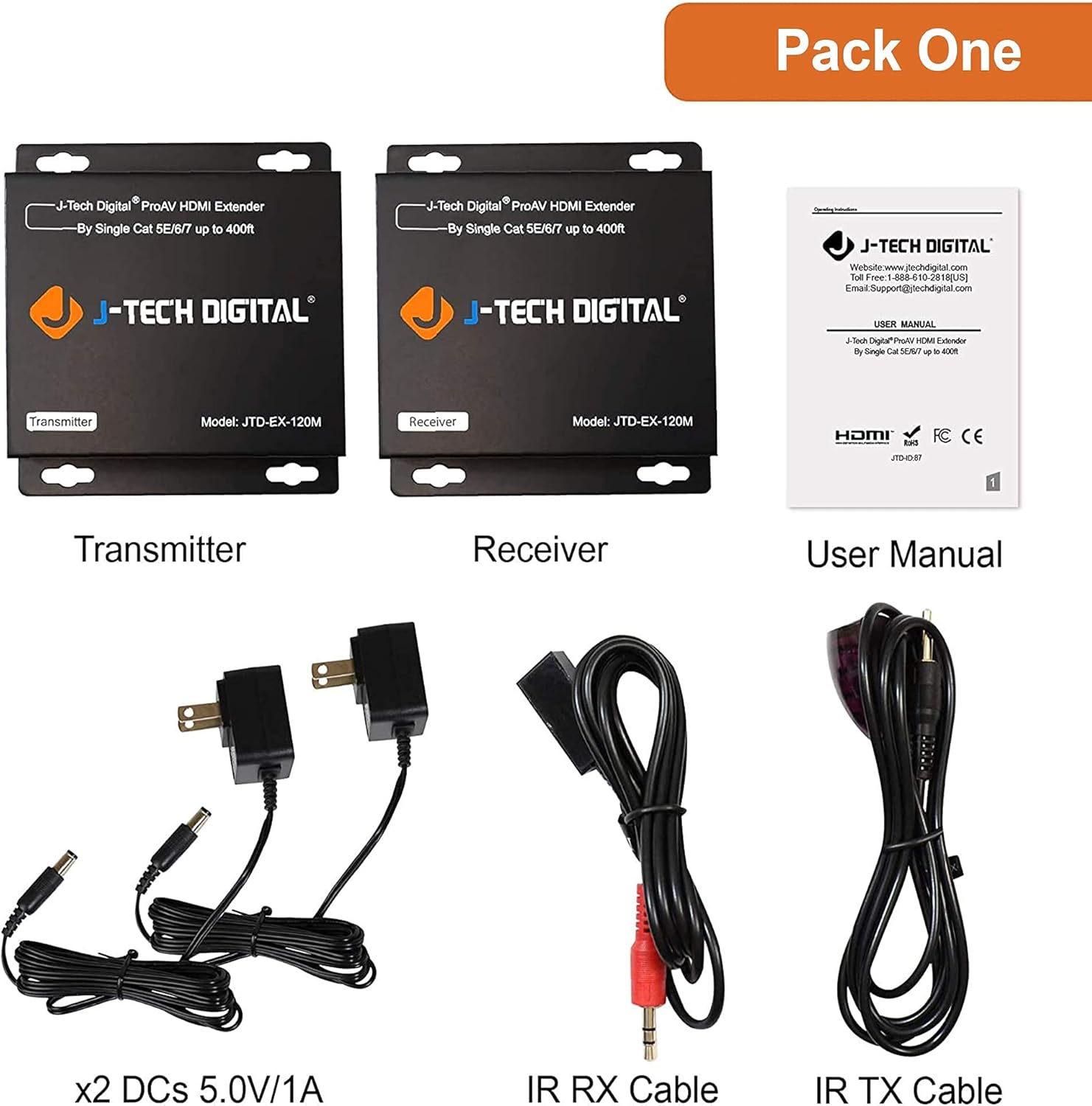 J-Tech Digital ProAV HDMI Extender Over Single Cat5e/6 Cable TCP/IP 1080p IR Remote - Up to 400' Bundle with Single Receiver
