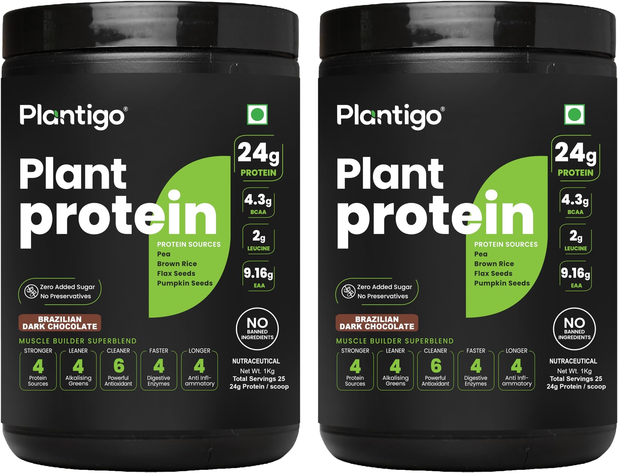 Plantigo Clean Plant Protein Powder | No Preservatives, No Banned Substances | Super Protein Blend - Pea, Brown Rice, Flax | Vegan Green Protein For Men, Women (Brazilian Chocolate - 1 kg x Pack of 2)