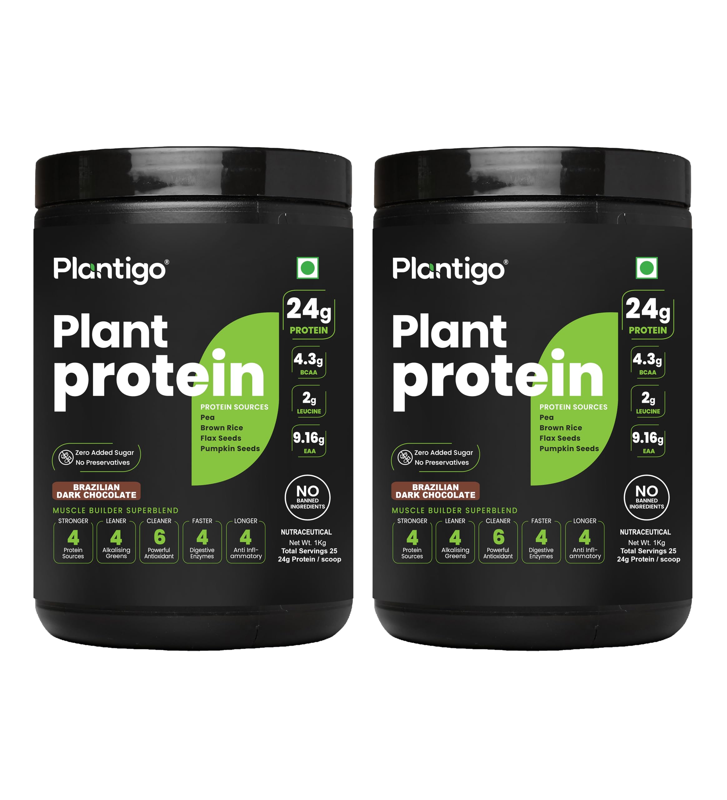 Plantigo Clean Plant Protein Powder | No Preservatives, No Banned Substances | Super Protein Blend - Pea, Brown Rice, Flax | Vegan Green Protein For Men, Women (Brazilian Chocolate - 1 kg x Pack of 2)