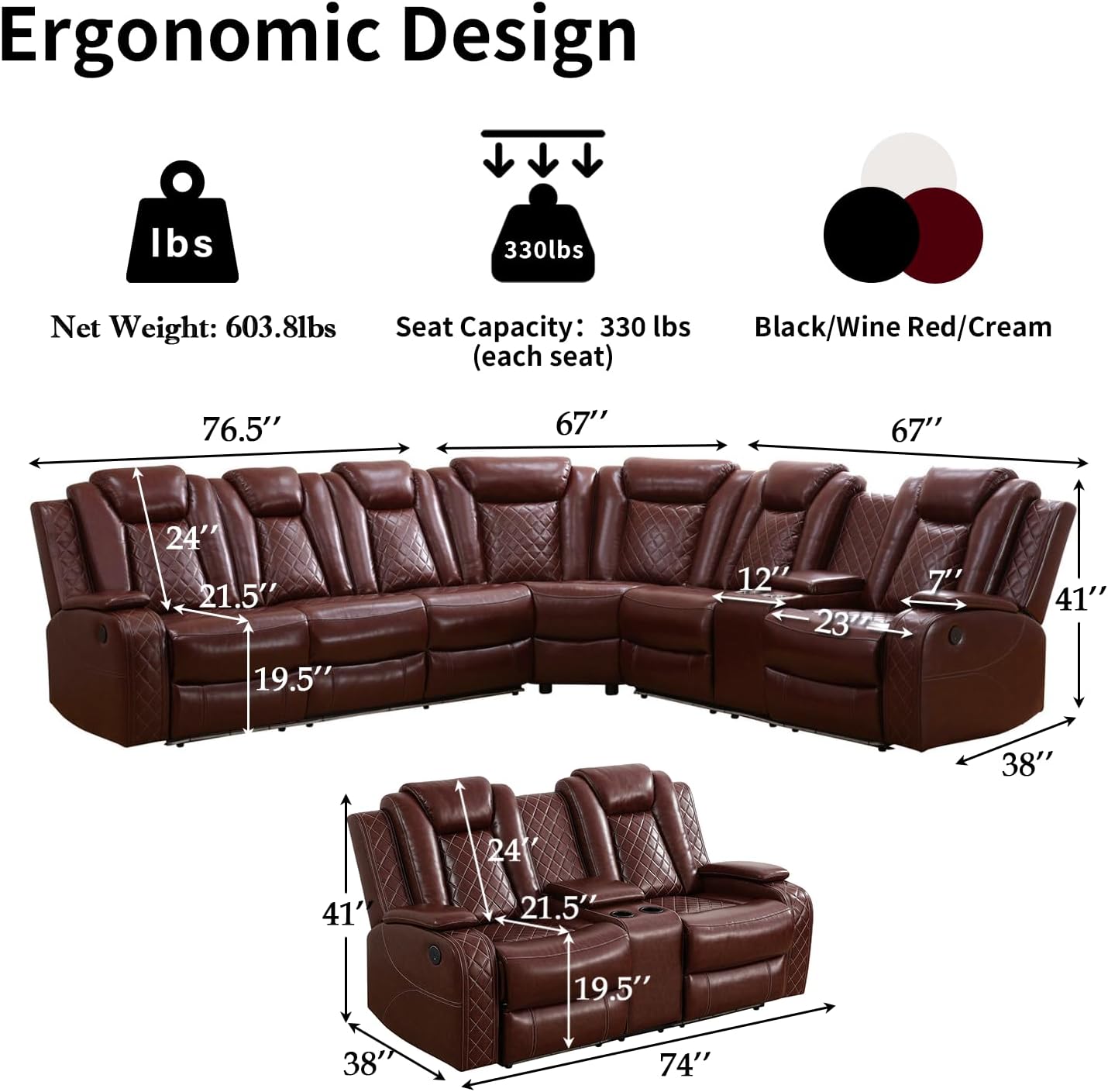 Power Recliner Sectional Sofafor Living Room Furniture Set,Leather Reclining Sectional Couch and Loveseat with Coffee Table,Cup Holder,Storage Console for House/Home Theater, Black