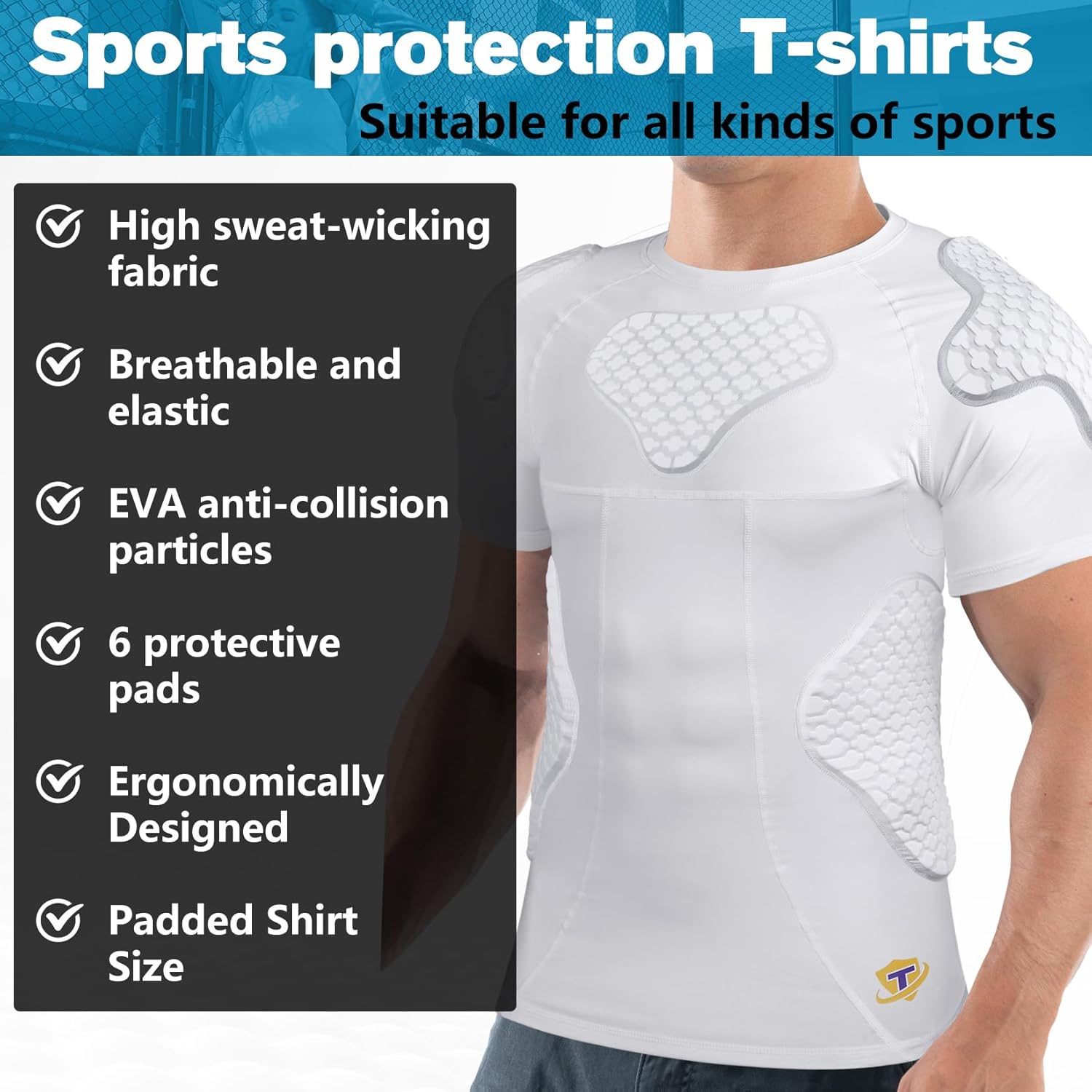Men's Padded Shirt Football Chest Rib Protector Heart Sternum Guard Compression Shirt with Shoulder Back Rib Pads for Adult Football Basketball Baseball Softball Rugby