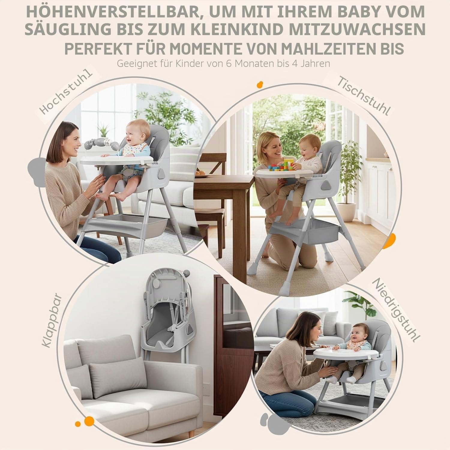 UBRAVOO 3-in-1 Babyhochstuhl, Kinderstuhl Klappbar Baby Hochstuhl ab 6 Monate, Umwandelbarer Ess- und Spielhochstuhl mit Doppellagigem Essteller und Spielzeugregal