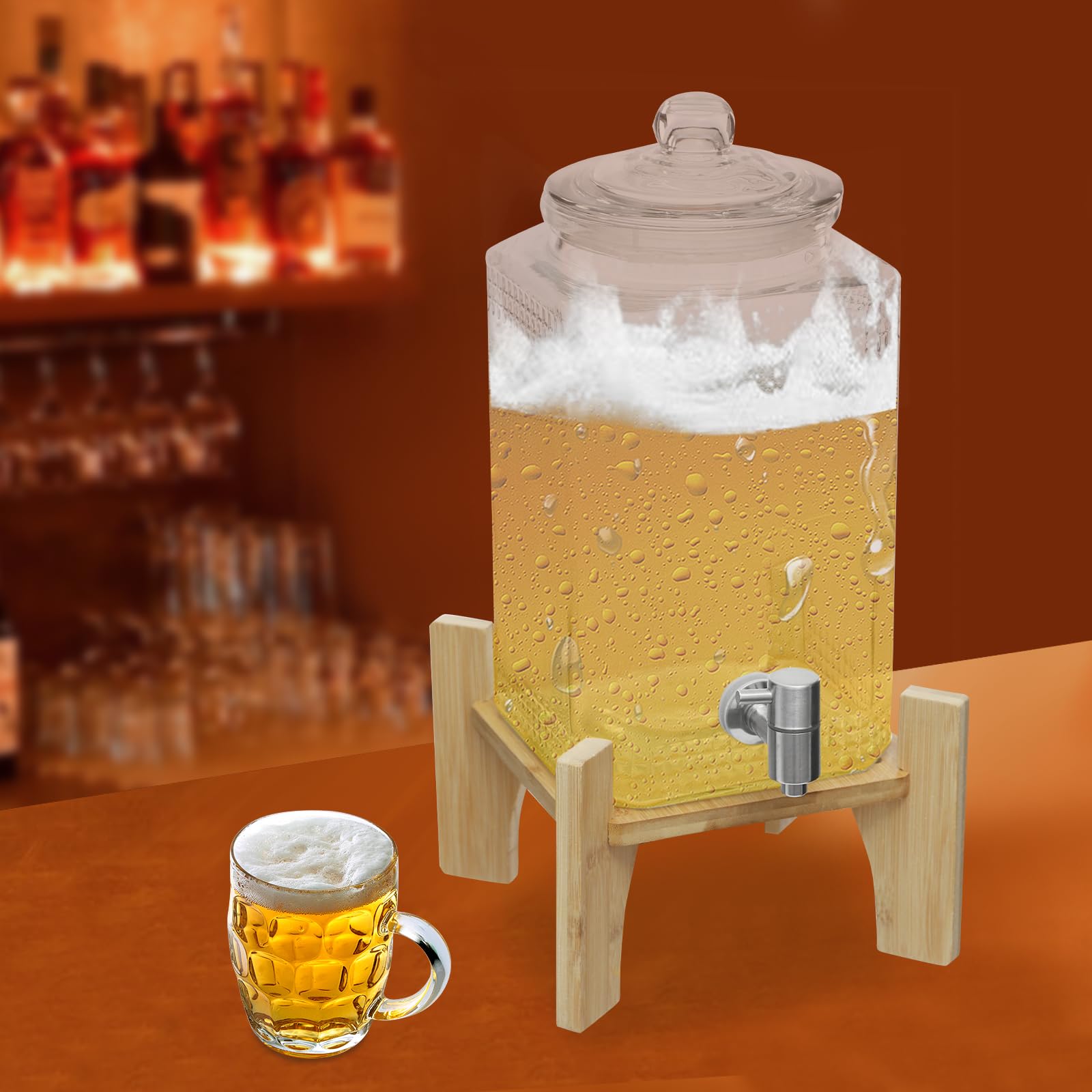 Dispenser per bevande da 5 l, trasparente in vetro con supporto, rubinetto ben progettato, può contenere una varietà di bevande fredde e calde per feste in interni ed esterni