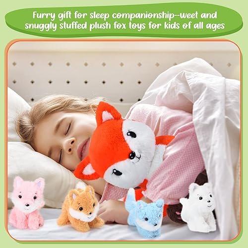 Miniatura 7 de HyDren Juego de 5 juguetes de peluche de zorro de 14 pulgadas con 4 lindos zorros de peluche en el abdomen, suaves peluches de zorro para baby