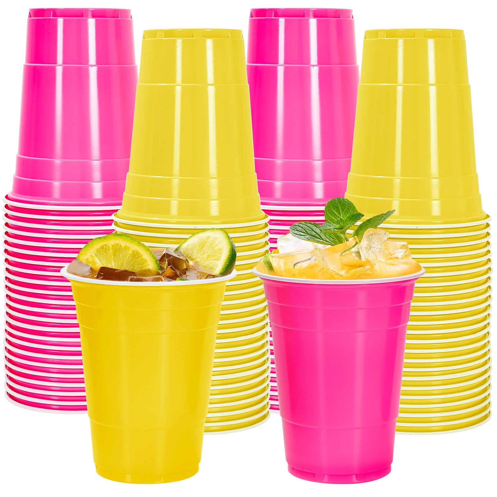 FYSUIMU 60 Pcs Pink and Yellow Plastic Cups 16oz Disposable Drinking Cups Colored Beverage Tumbler Glasses for Coffee Juice Drink Softball Birthday