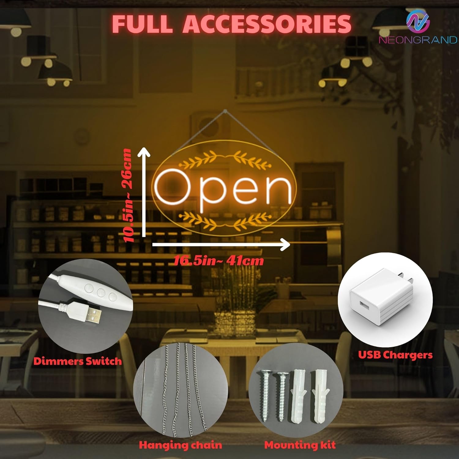 LED Open Sign for business – Led Neon Light with Hanging Kit and Plug for Shop, Window, or Business Use (Orange Yellow, 16.5x10.5'') - Image 5