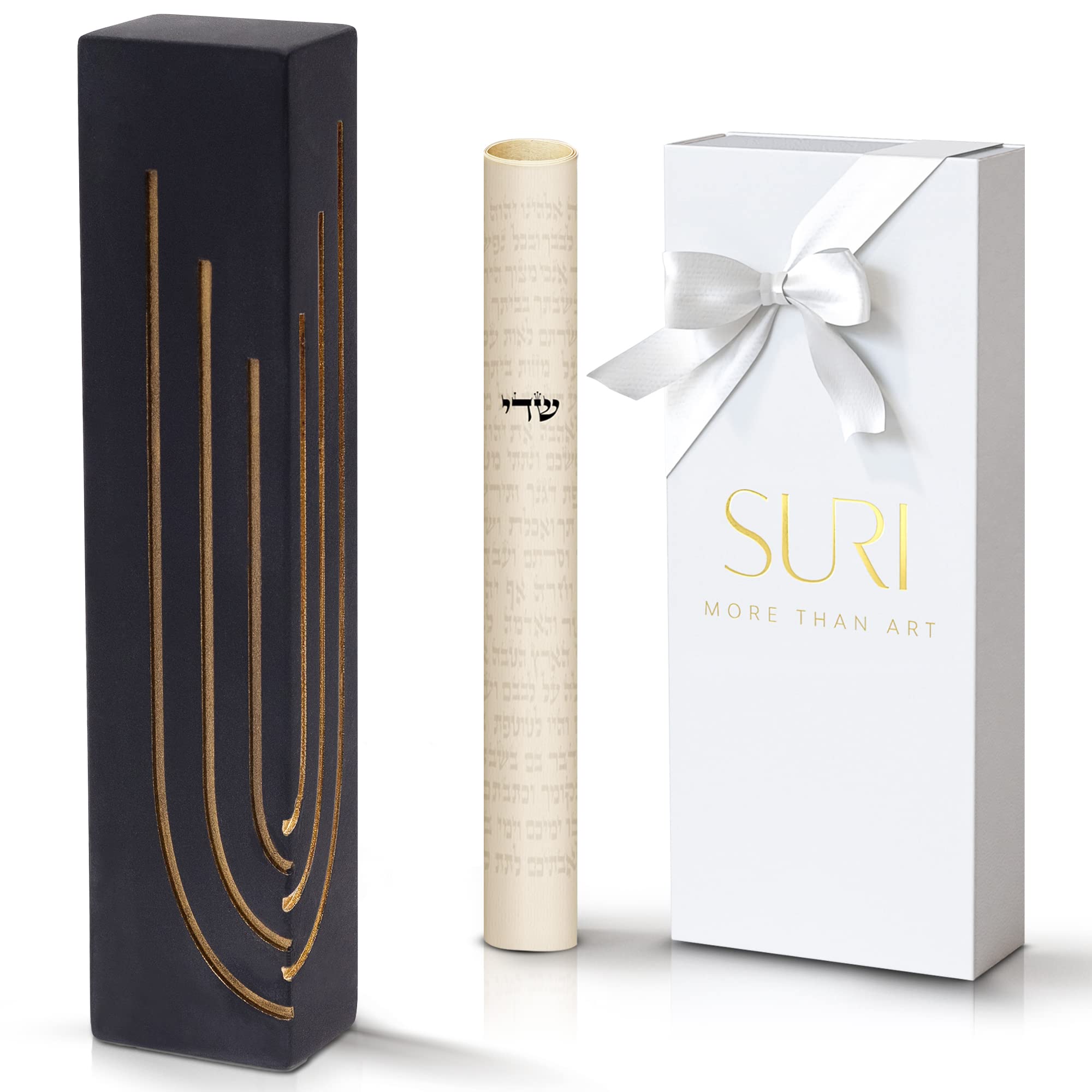 SURI Mezuzah for Door - Modern Concrete Mezuzah Case with Shin, Self-Adhesive, Printed Mezuza Scroll & Gift Box | Black 4 inch & 6 inch Sizes | Jewish Mezuzah with Scroll for Door | Judaica Gift