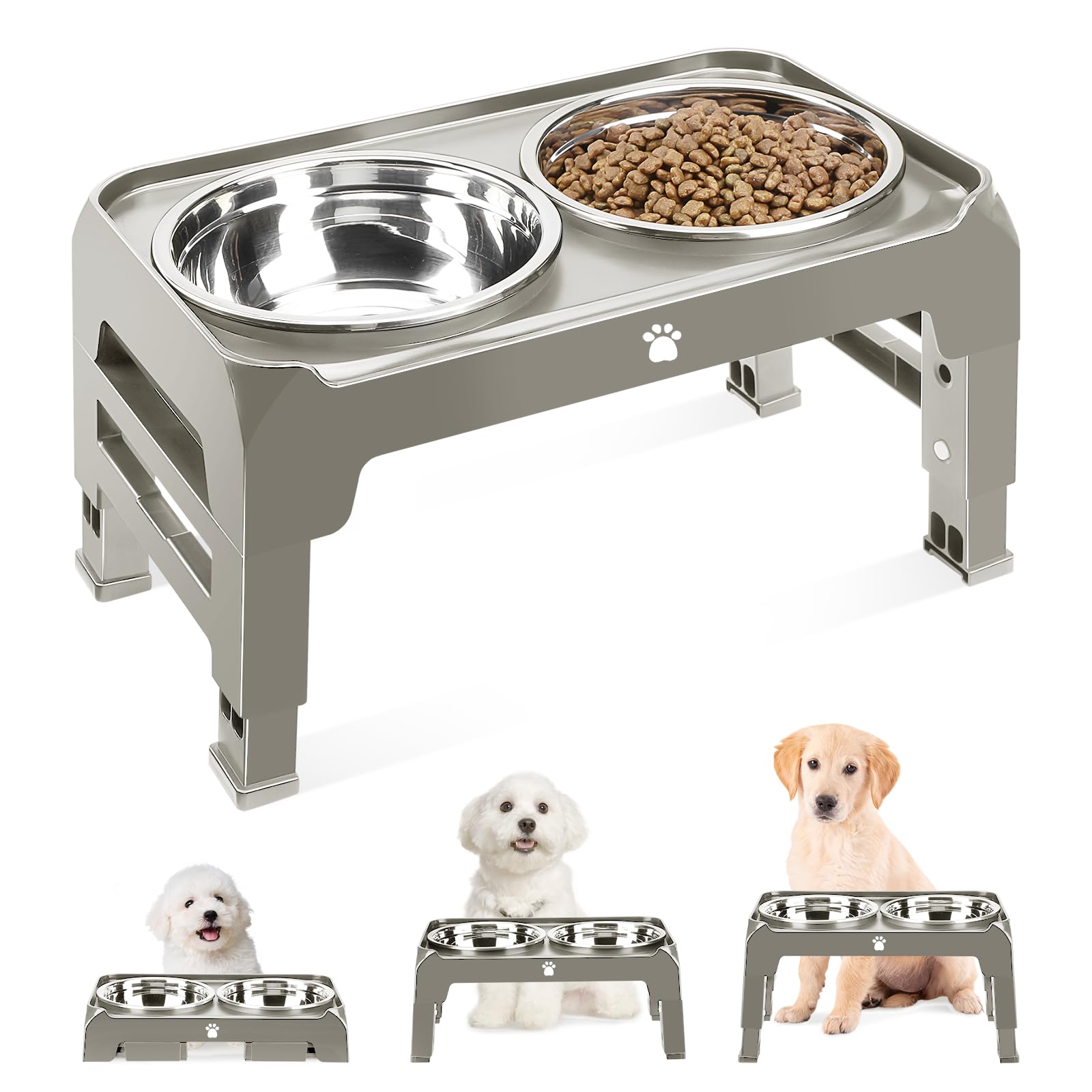 Elevated Dog Bowls 3 Height Adjustable Raised Bowl Stand with 25oz Stainless Steel Dog Food Bowls Anti-Slip for Small Dogs Adjusts to 7.5", 6", 2.75",