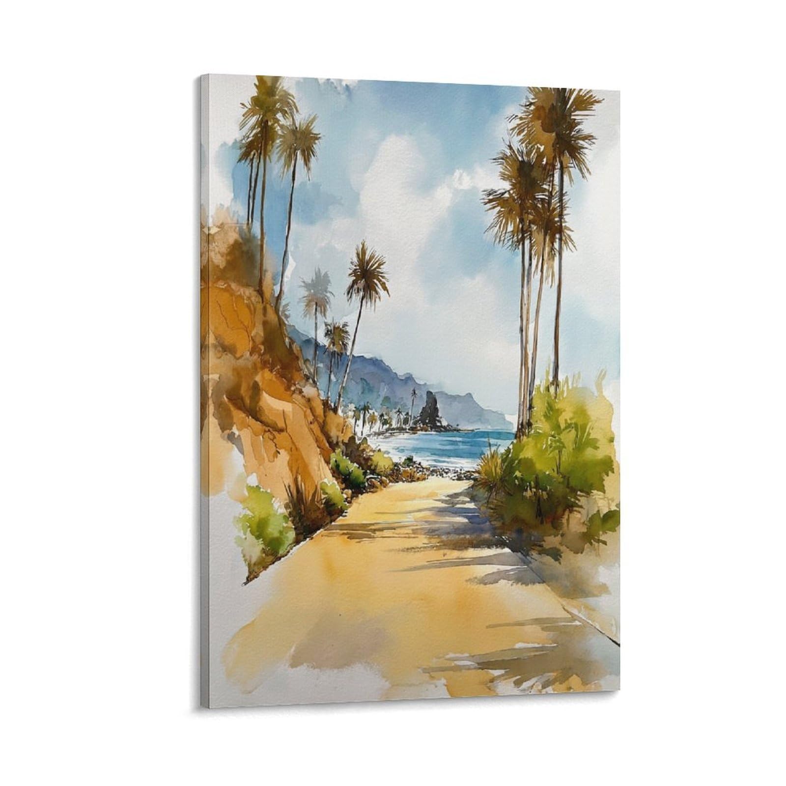 LCYNNH Huntington Beach Watercolor Print_ California Coastal Tree 16x24inch(40x60cm) Print Home Bedroom Office Living Room Decor Canvas
