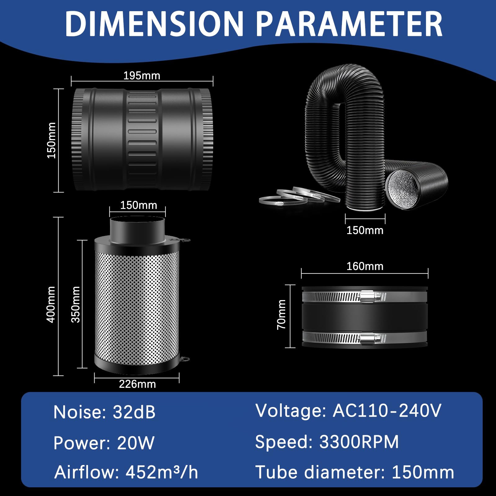 150mm Abluftset,Lüftungsset, Inline Rohrventilator mit Drehzahlsteller Aktivkohlenfilter Abluftchlauch und Klemmen Gummimuffe, Belüftungssystem für Growzelt Gewächshaus.