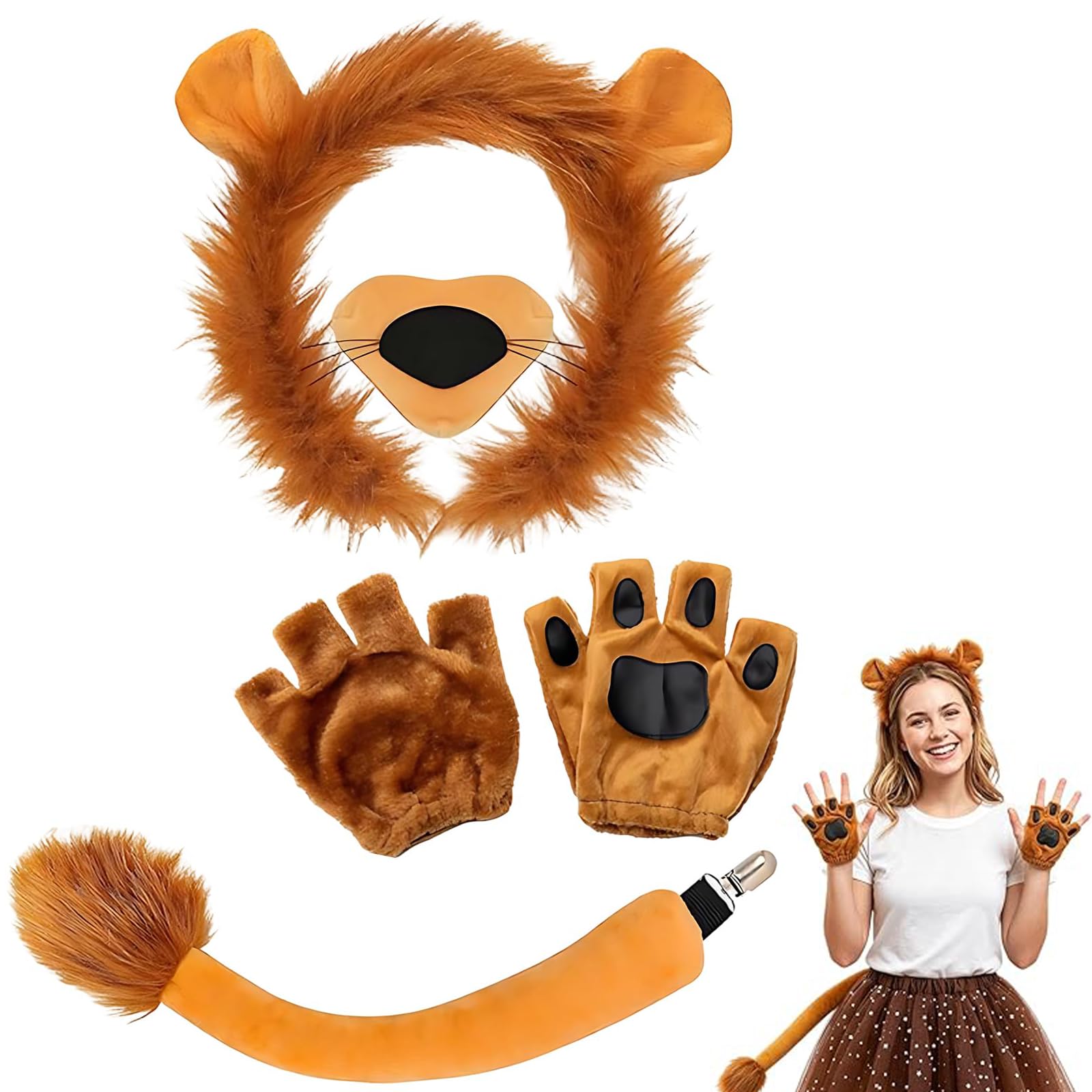 4Pcs Lion Costume Set,Lion Ears Headband, Tail, Paw Gloves & Skirt, Adult Animal Cosplay Accessories, Lion Fancy Dress Outfit for Stage Performance, Carnival, Theme Party, Birthday Celebration & Masqu