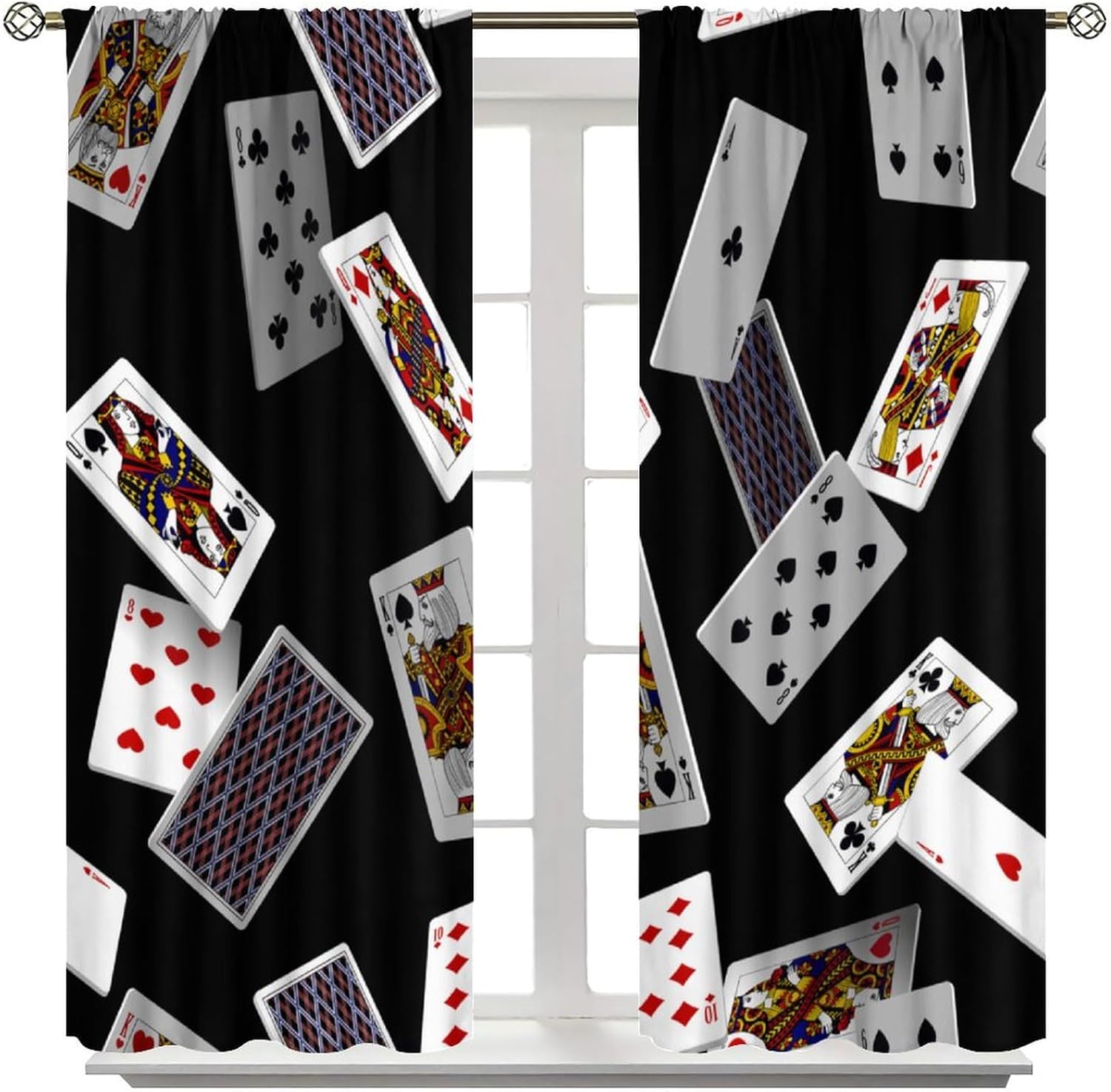 Poker Curtains, Falling Playing Cards Black Background Blackout Window Treatments, Rod Pocket Thermal Insulated Drapes 2 Panel Sets for Bedroom Living Room Poker Room, 55" W X 63" L