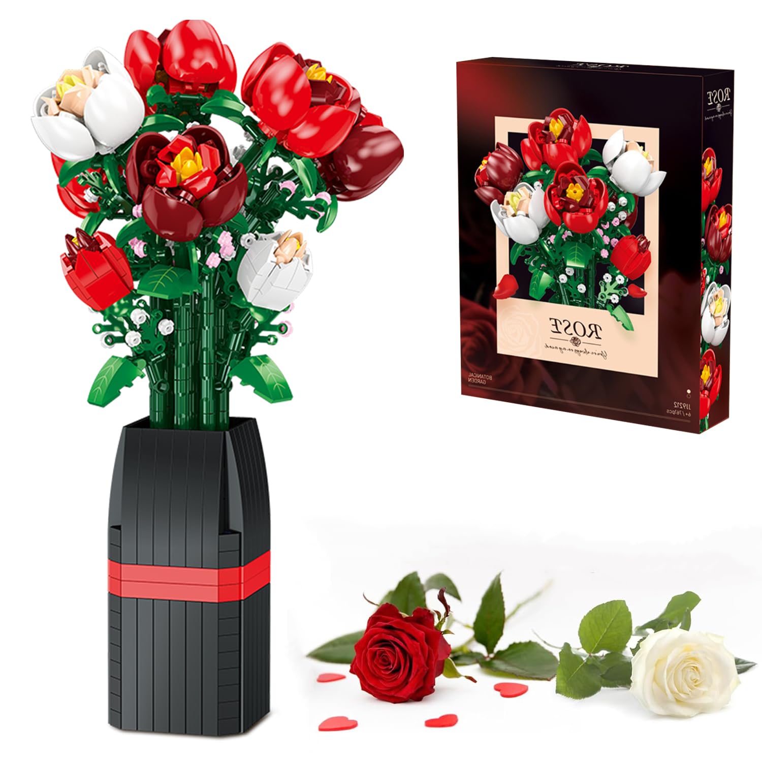 Rose Bouquet Building Set,761 PCS Botanical Plant Decor Collection Building Block Toy,Valentine's Day Gift Compatible with Lego Flowers for Adults Women Boys Girls 8 9 10 11 12+