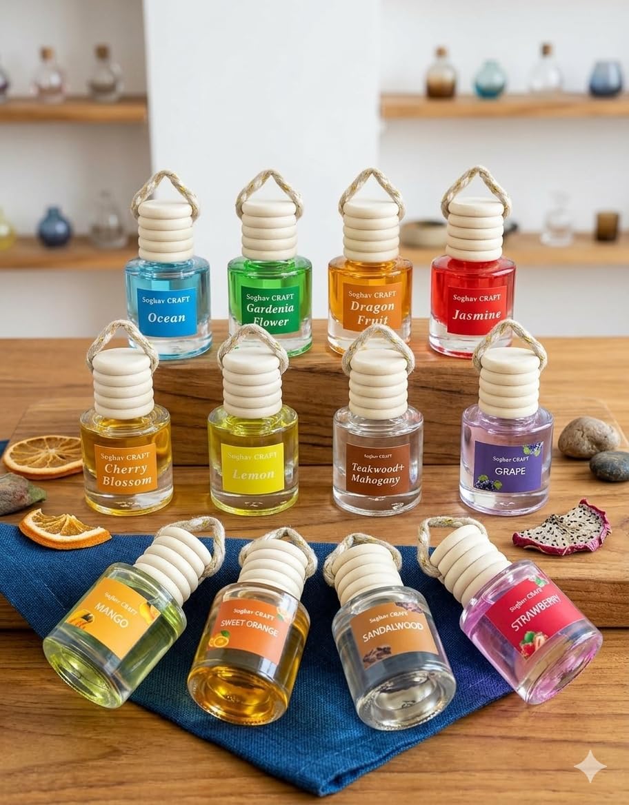 Air Diffuser Essential Oil Set | 24 Natural Scents Like Jasmine, Ocean, Sandalwood | Long Lasting Car Air Freshener for Women & Men | Hanging Glass Bottles, Air Freshener for Travel (8 ML Per Bottle)