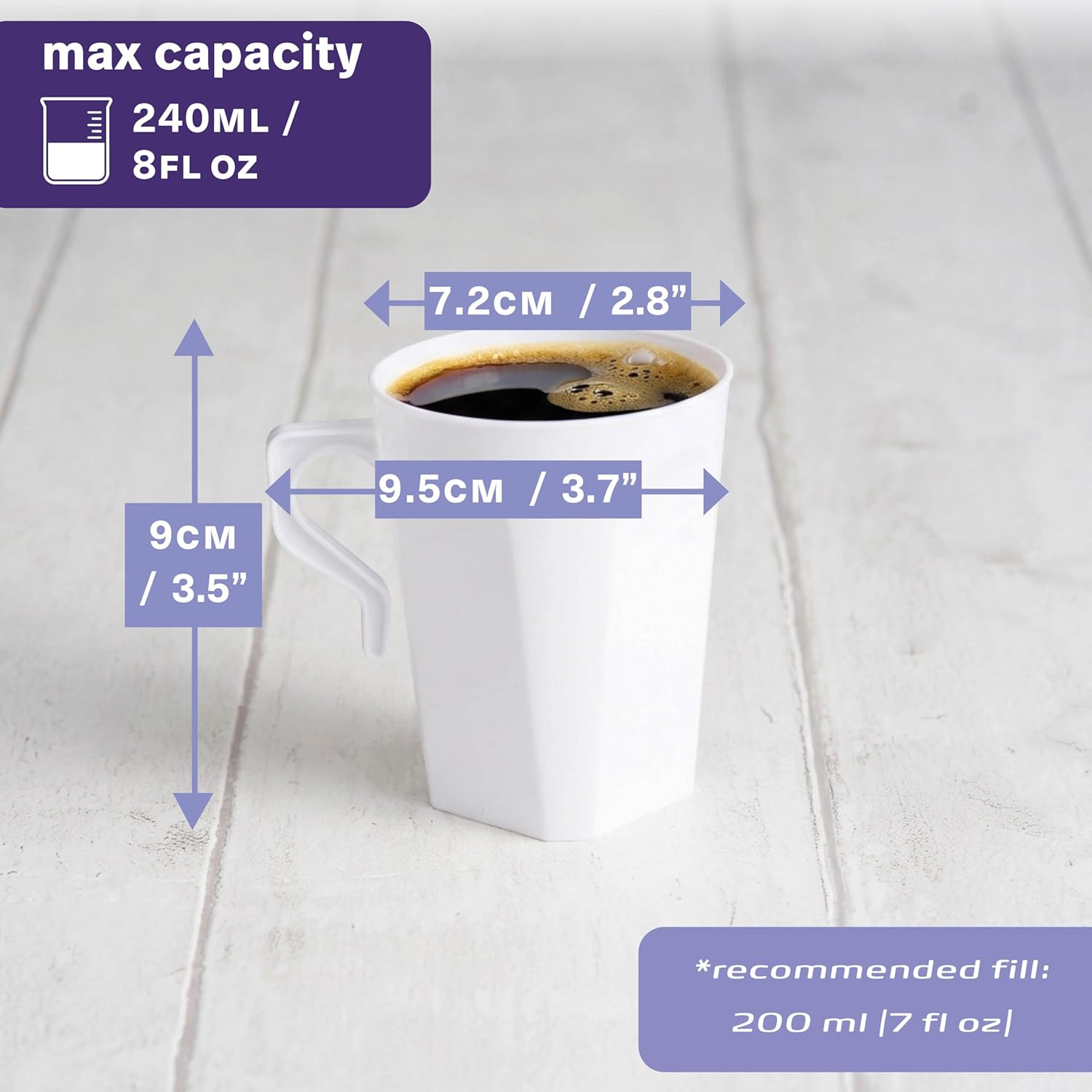 MATANA 50 Pack 9 Oz Small Plastic Coffee Cups with Handles (White) 3.5 Inch Reusable or Disposable Plasitc Tea Cups with Handles for Party & Wedding Cafe, Disposable Mugs for Hot Drinks & Cold Drinks