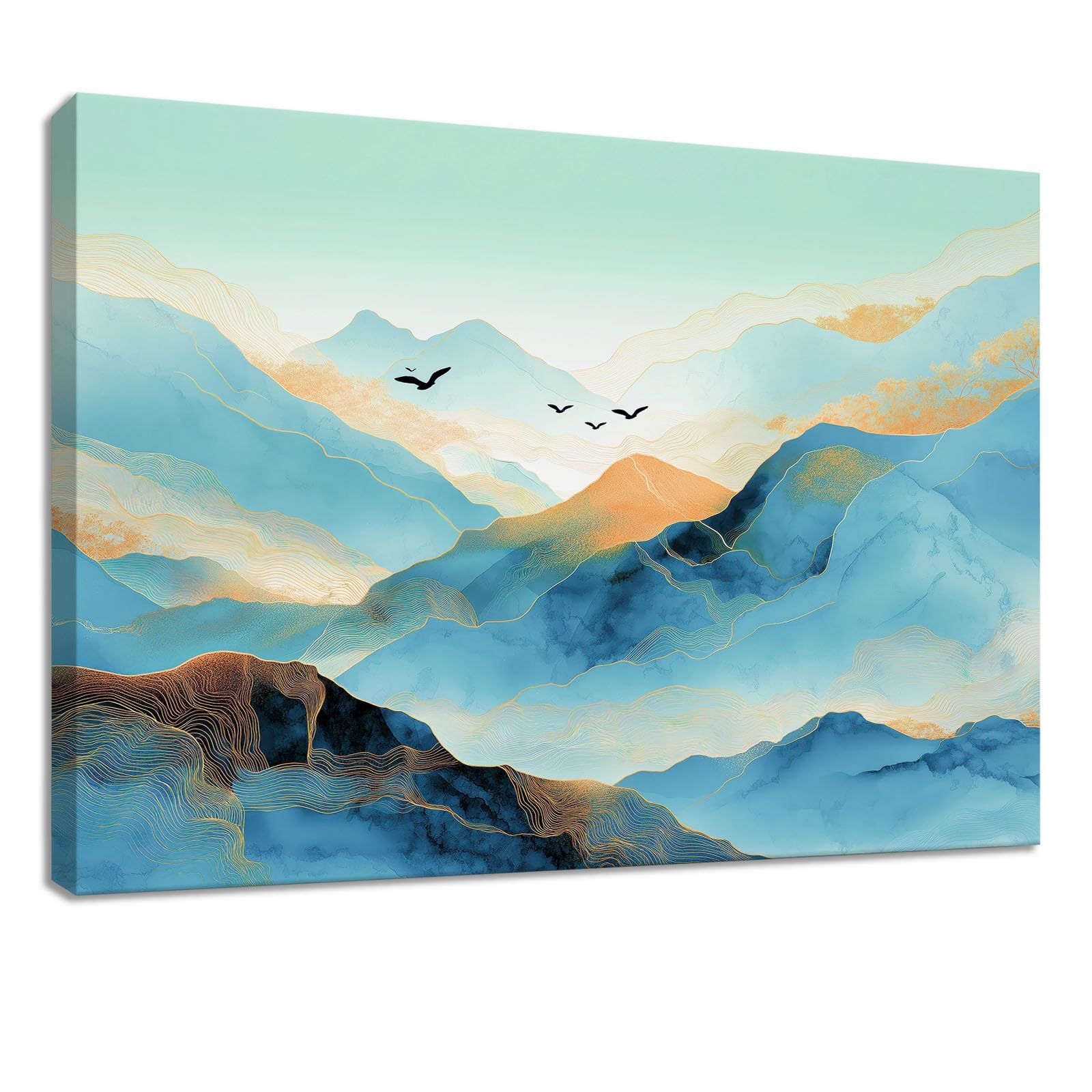 Leinwandbild 100 x 70 cm Leinwandbilder mit Abstrakt, Bild auf Leinwand - Kunstdruck auf Canvas, Bilder Wanddeko für Wohnzimmer, Schlafzimmer, Esszimmer, Berge Vogel Landschaft Blau