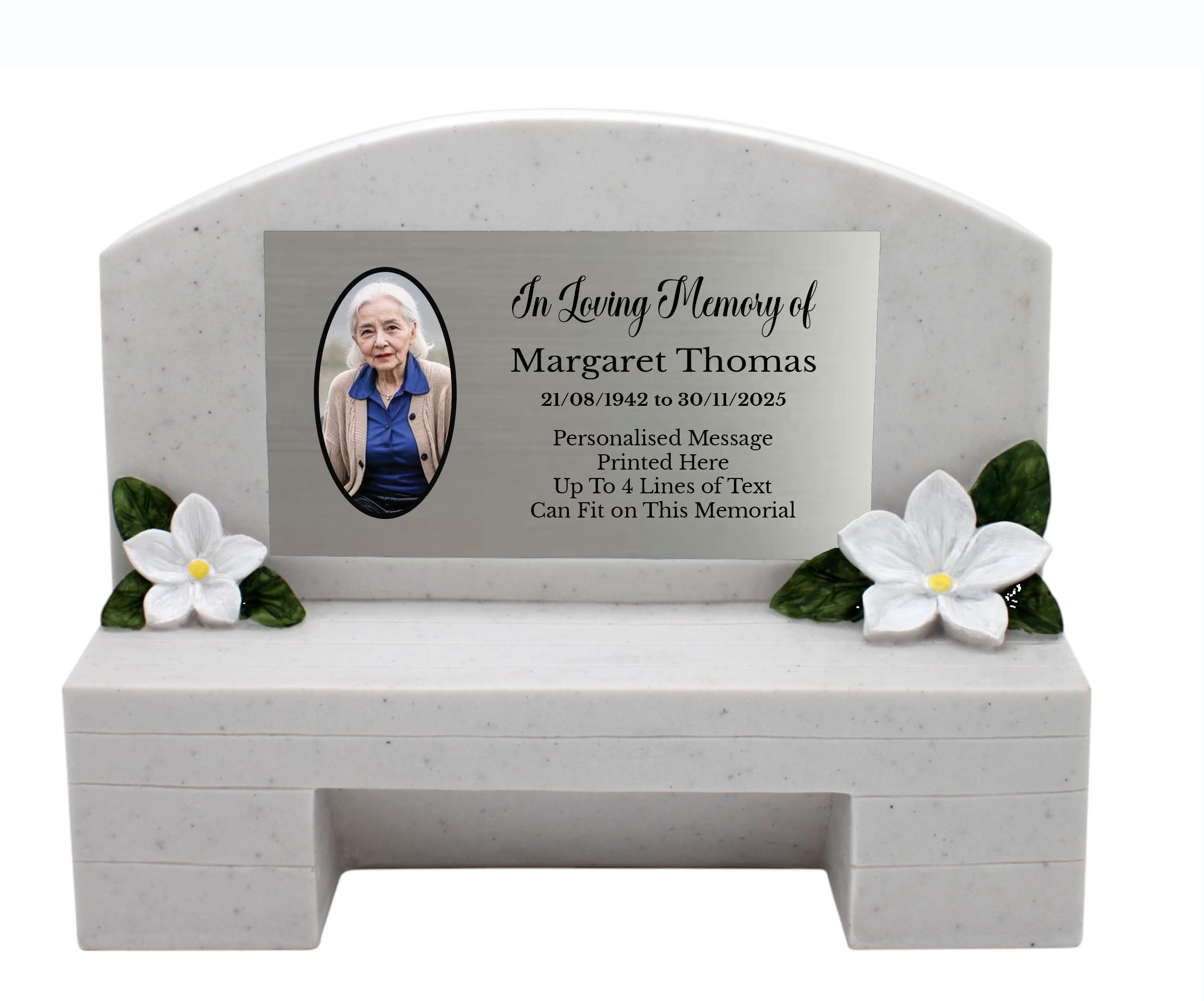 1stclassgifts Personalised Printed Large White Memorial Bench With Own Picture Grave Marker (UV PRINTED) (Silver Plate)