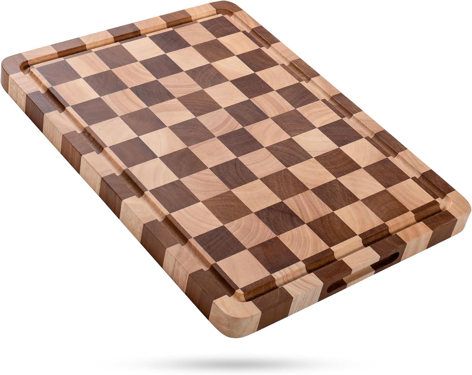 YANG Checkered Cutting Board for Kitchen - 1" Thick End Grain Checkerboard Chopping Board with Handle, Juice Groove & Non-Slip Pads, Double Sided for Cooking, Serving, and Decor, Rectangle