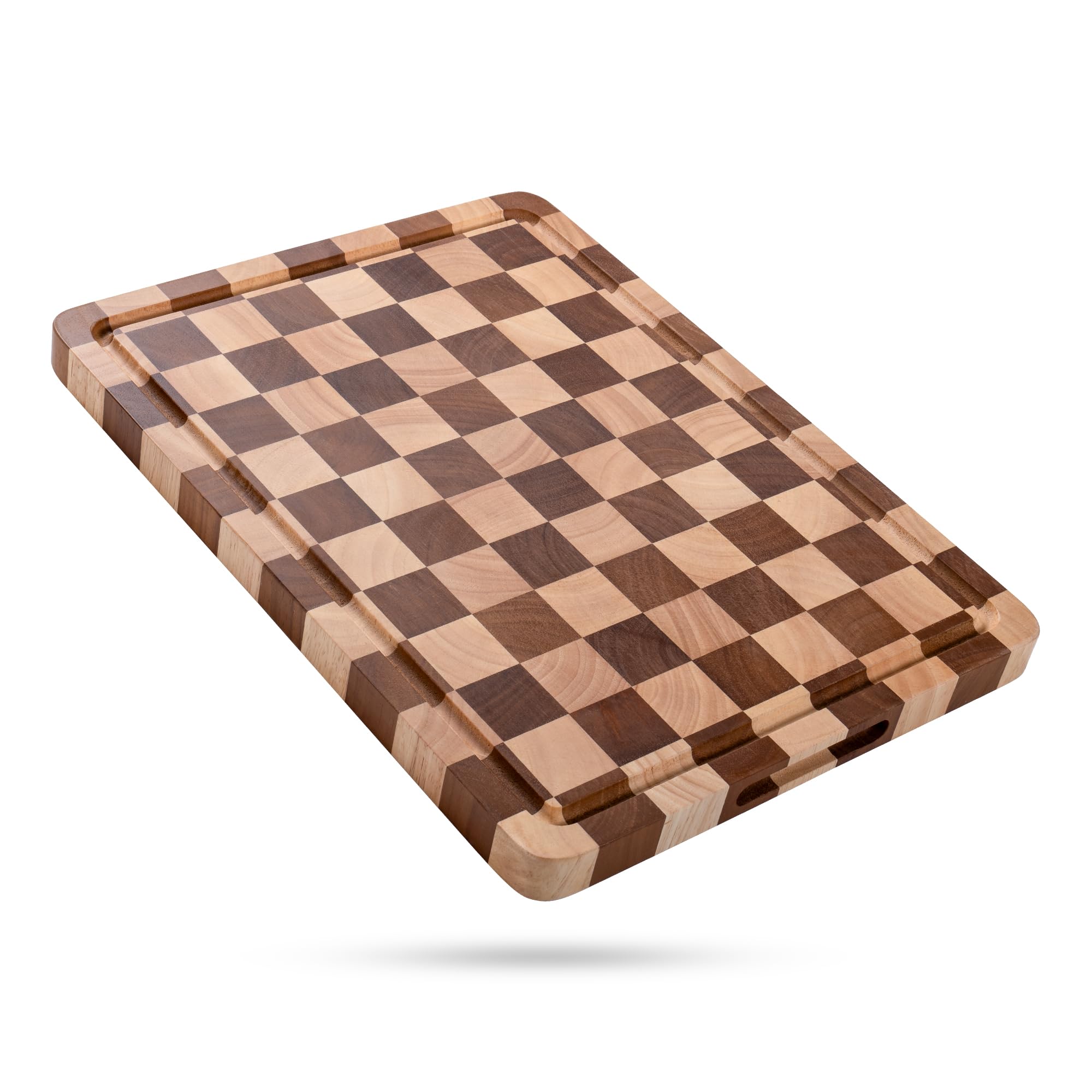 Tagliere da cucina a scacchi – Tagliere in legno massello a scacchiera con manico e scanalatura per succo, double-face per cucinare, servire e decorare, rettangolare, 40 x 30 x 2,5 cm