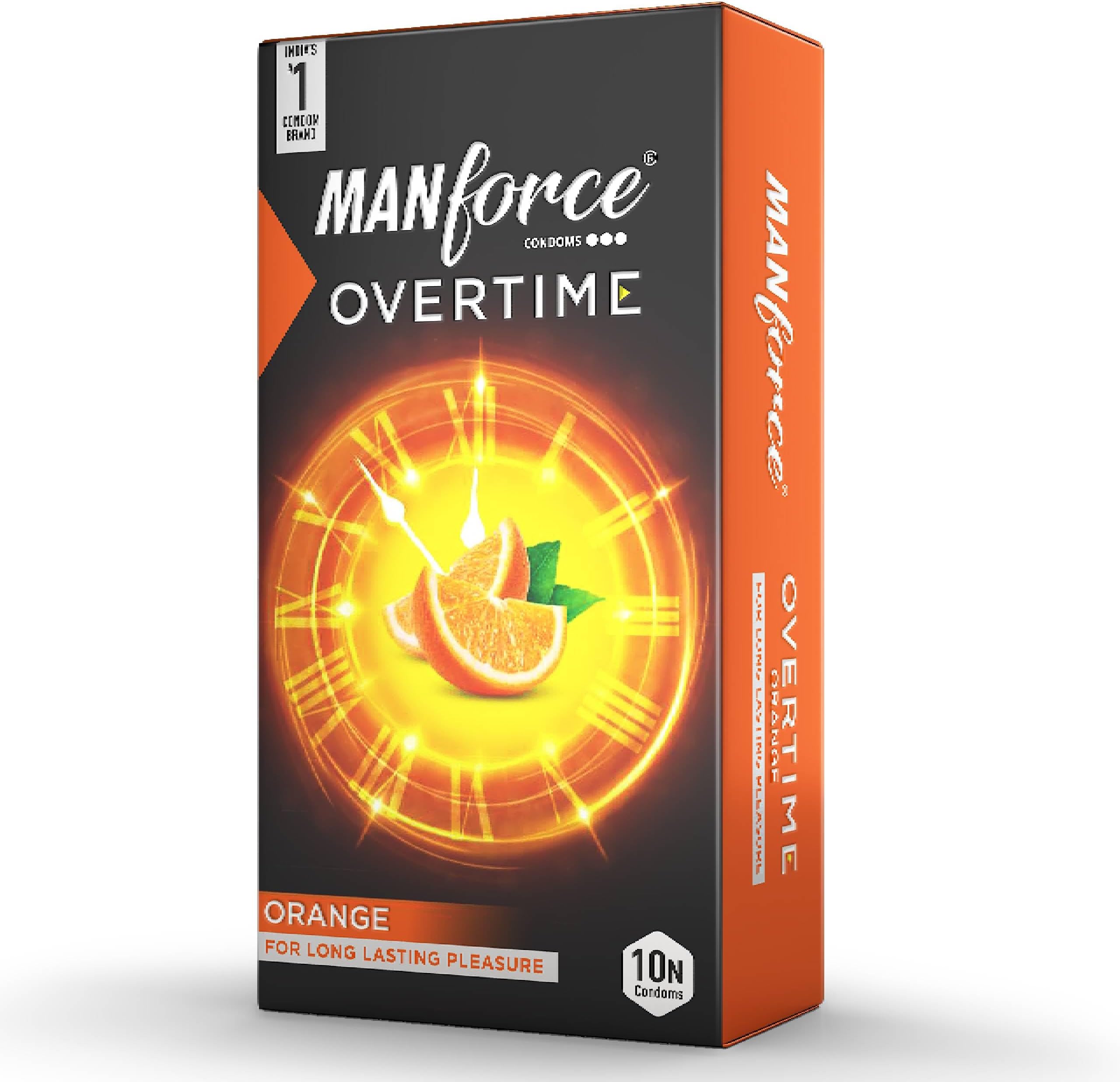 Manforce Overtime Orange Flavoured Condoms for Men | 10 pcs | Dotted, Contoured & Ribbed Condoms | For Long-Lasting Pleasure Of Both | India’s No. 1* Condom Brand for Safe Sex