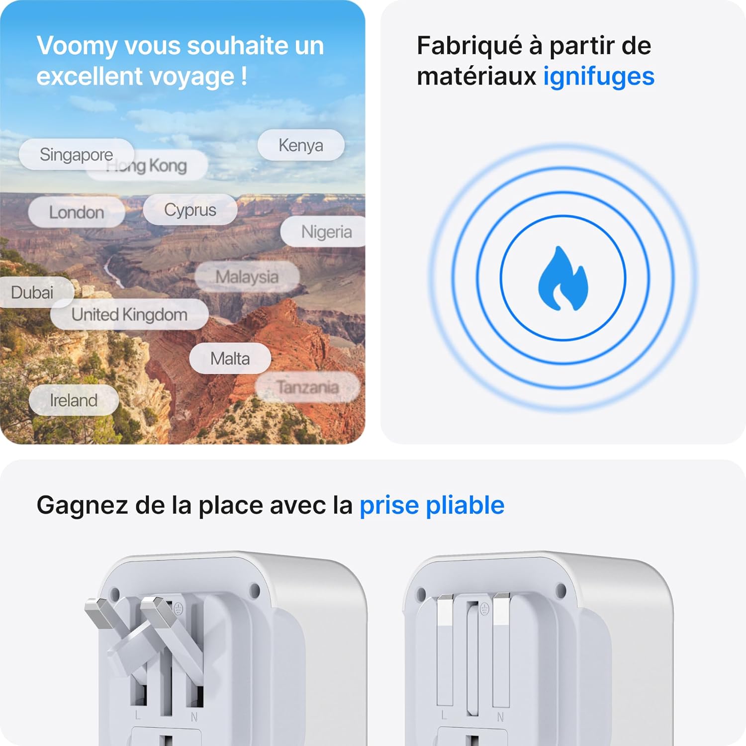 Close-up of the Voomy Y724 Type G Travel Adapter showing the foldable pins in both folded and unfolded positions.
