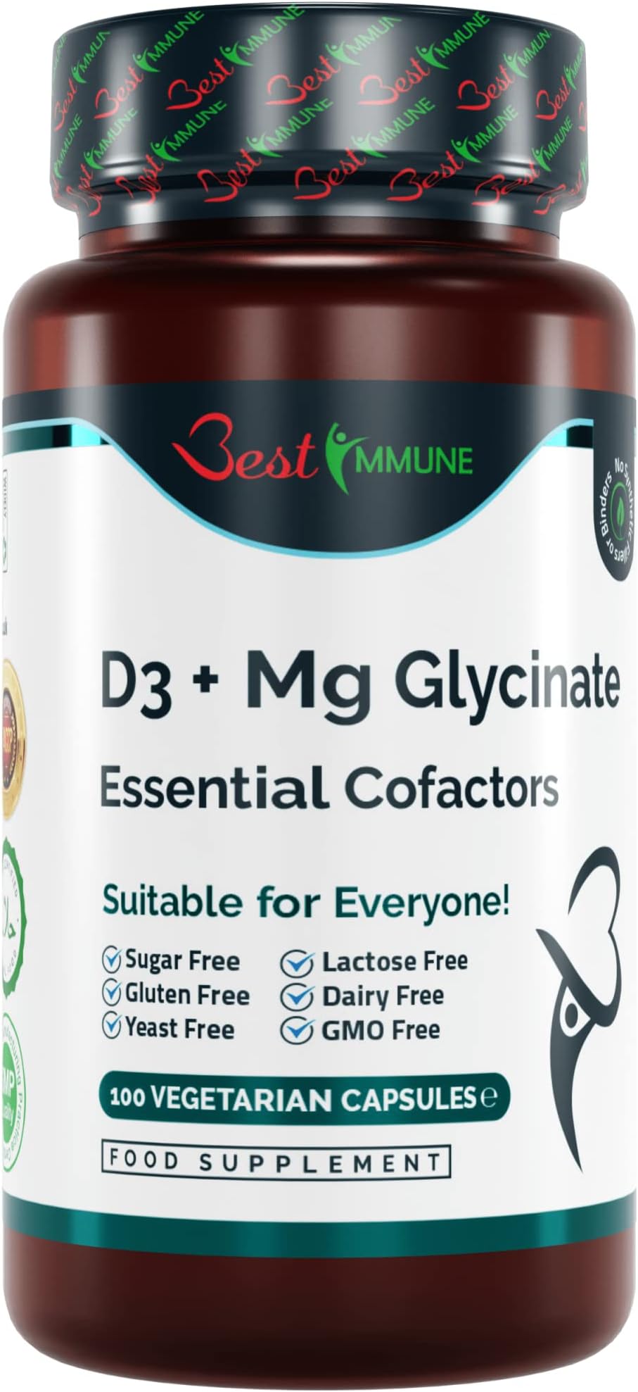 Magnesium Glycinate + D3 Essential Cofactors Complex Premium Quality Natural Product Ideal Strength 100 Vegan Capsules Highest Bioavailability