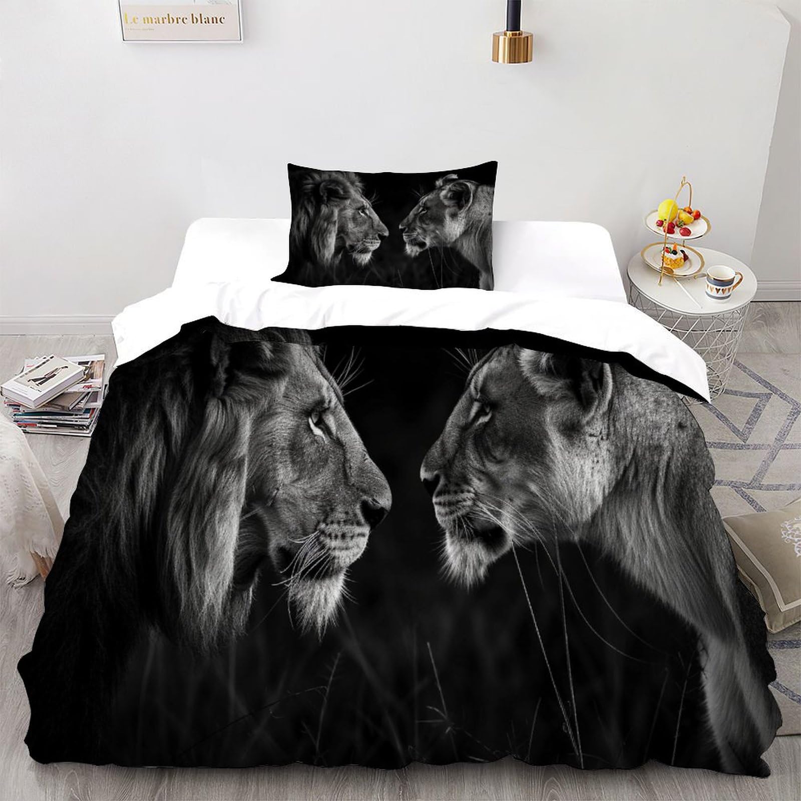 Housse de couette 2 pièces animal lion parure de lit microfibre adulte 135x200