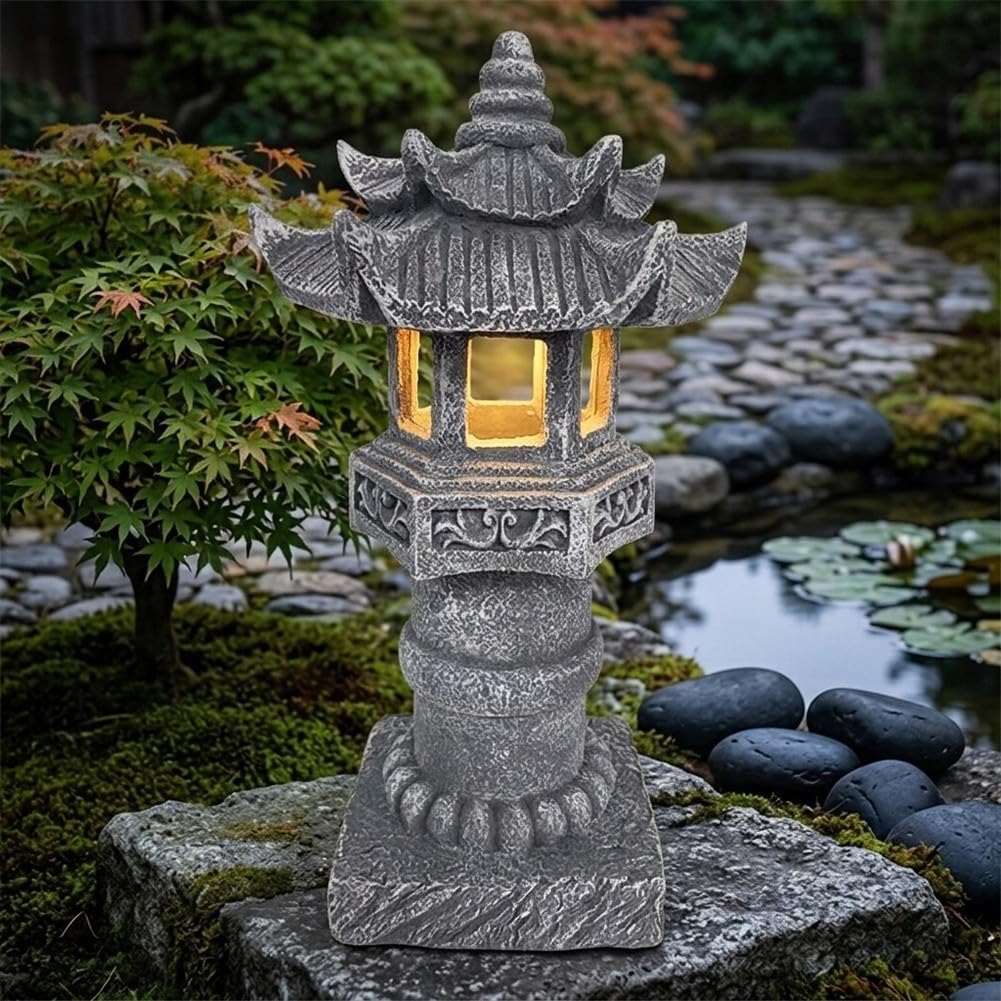 FUBESK Luz solar de pagoda para exteriores, estatua de jardín zen de resina con aspecto de piedra, Ip44 W