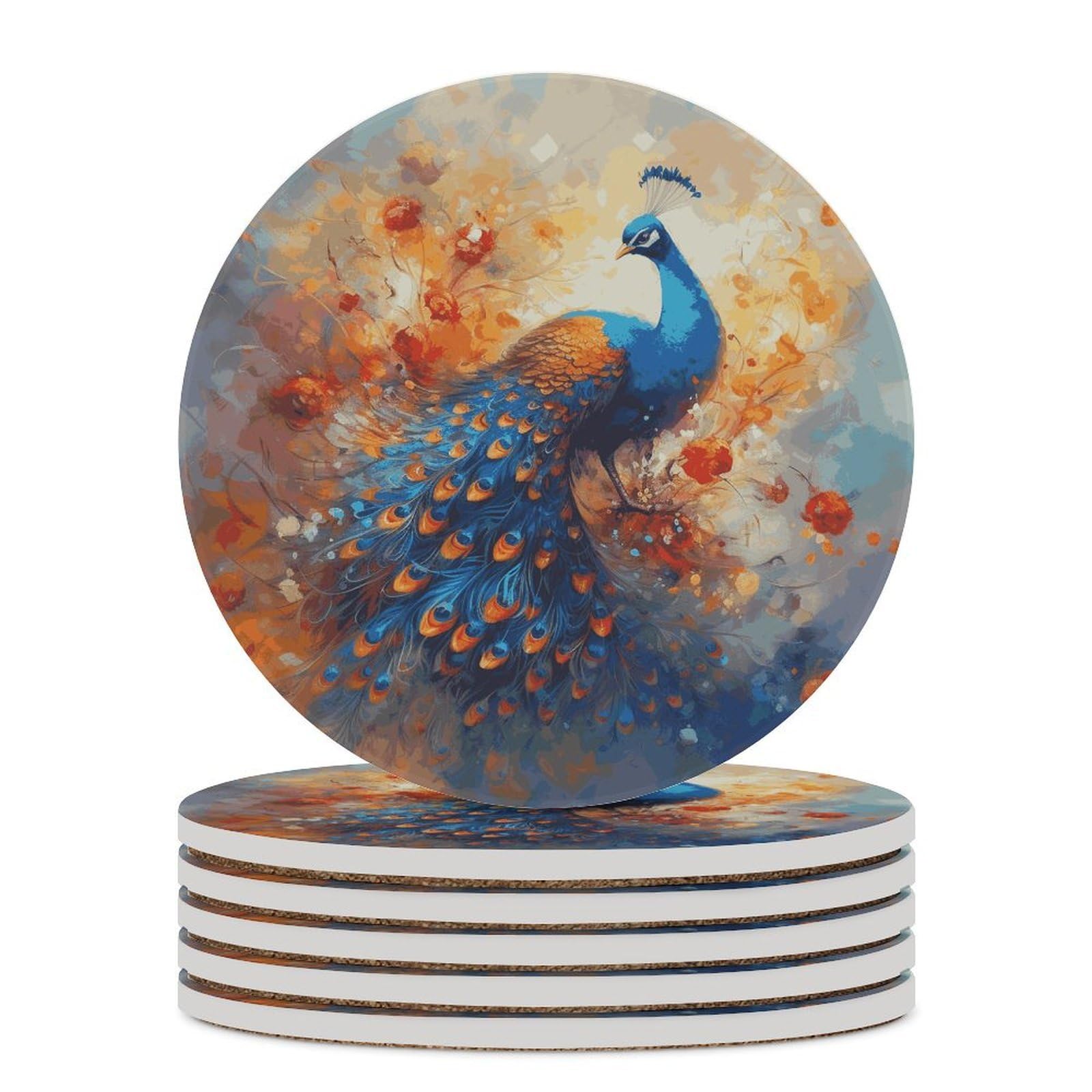 Peacock2 Coaster with Cork Base Drink Coasters for Coffee Table Decor Modern Cup Coasters with Non-Slip & Heat-Resistant Cute Ceramic Table Coaster for Home Dining