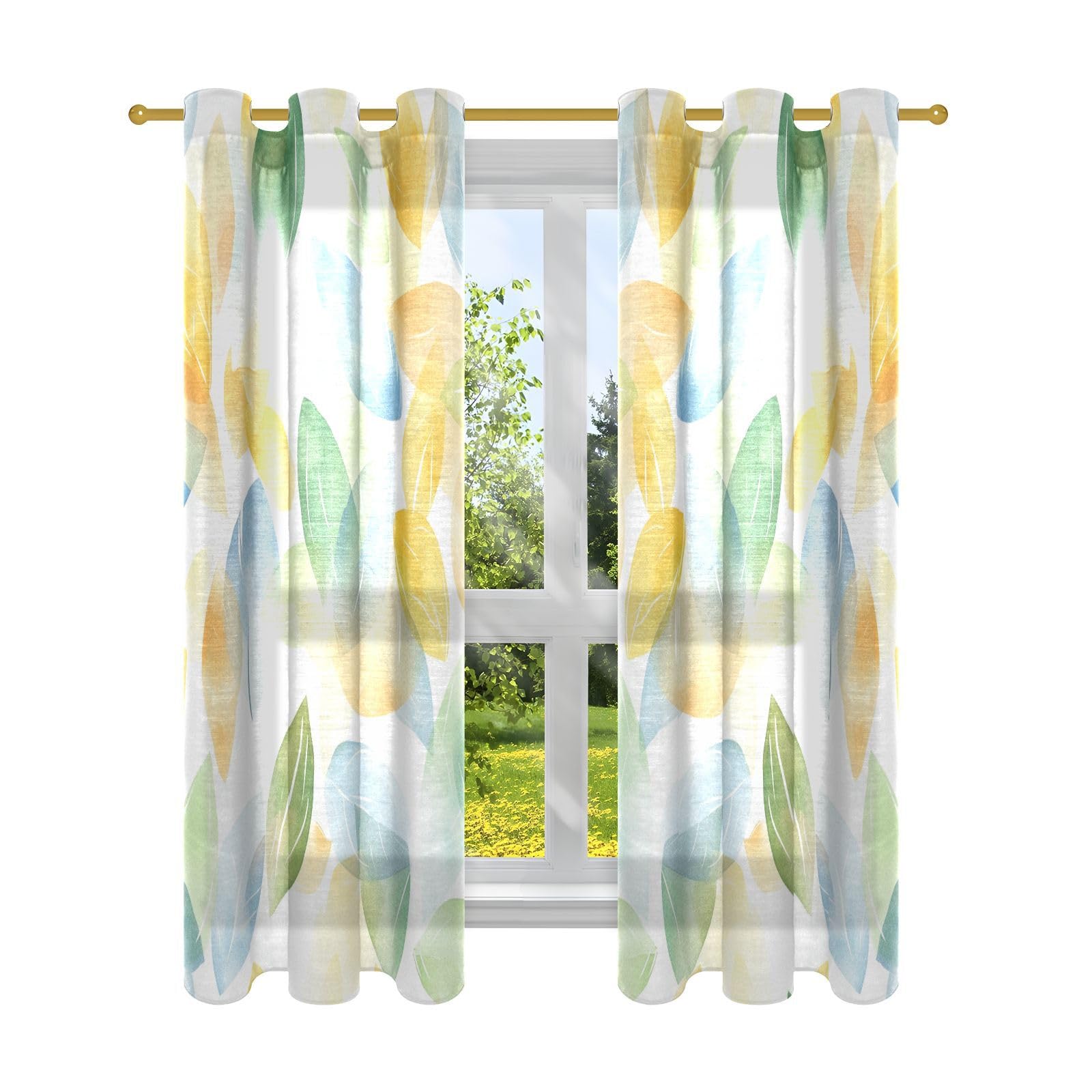 Rideaux de chambre aquarelle motif feuilles bleues 160 cm