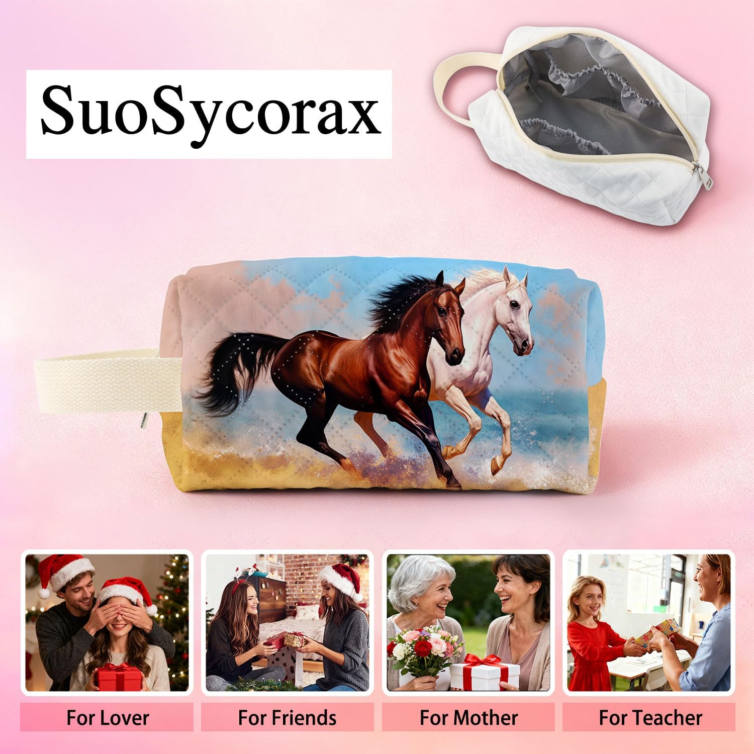 Seaside Horse Printed Quilted Makeup Bag for Women - Velvety Polyester Cosmetic Organizer w/Triple Compartments, Travel & Makeup Brush Holder - Image 7