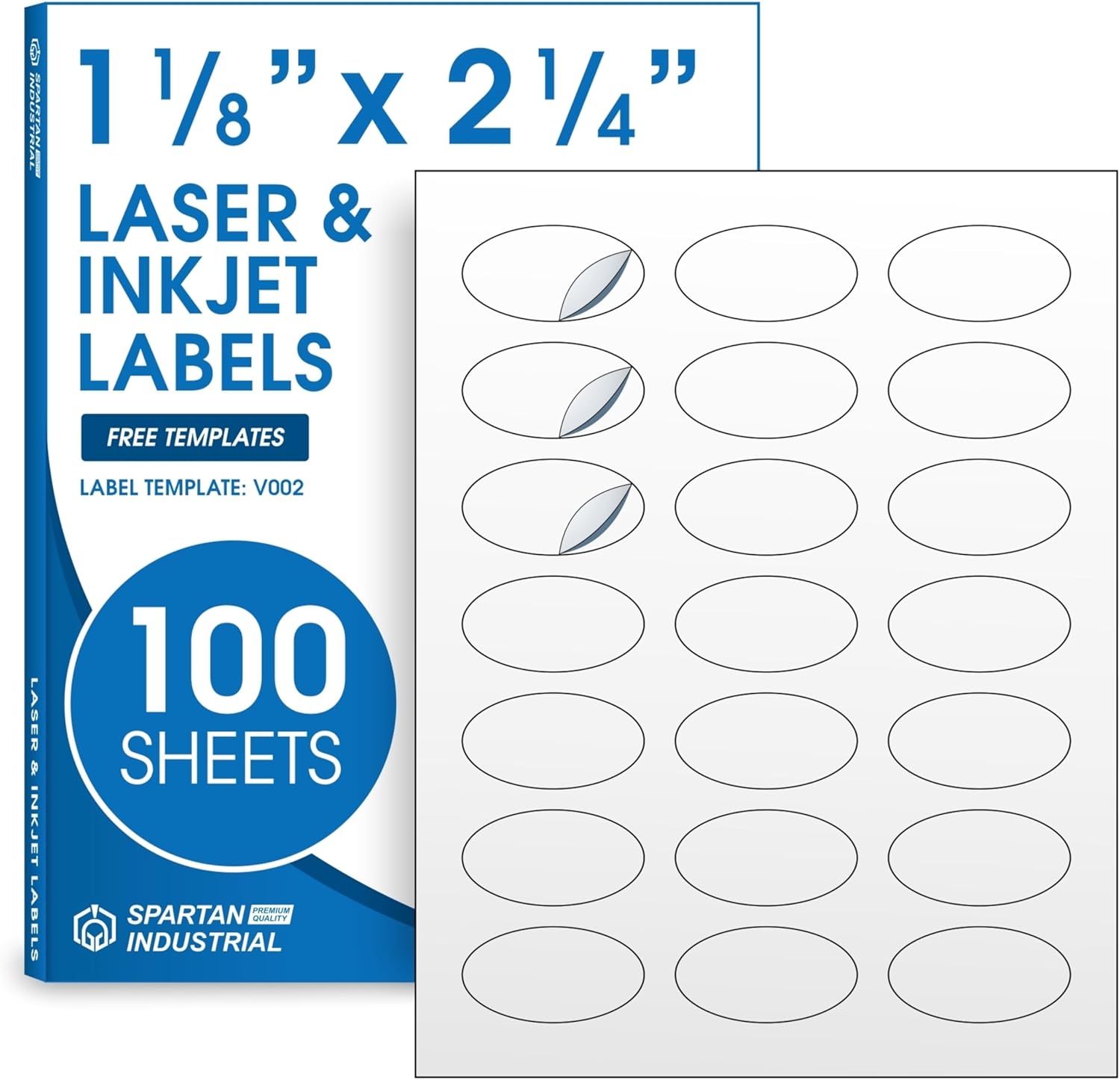1 1/8" X 2 1/4" Oval Printable Labels for Inkjet and Laser Printers - 250 Sheets, 5250 Total Custom Stickers for Product Labeling, Business Logos, Packaging - Spartan Industrial Template V002
