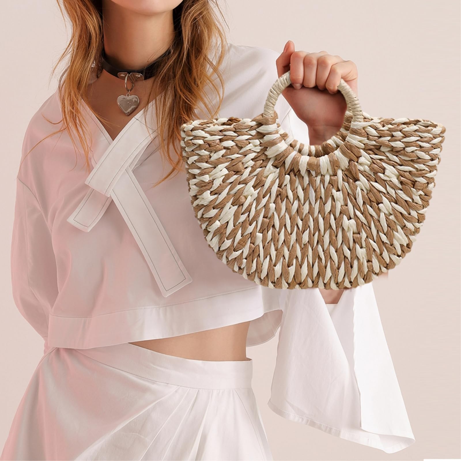 Borsa di Paglia Donna Viaggio Casual Grande capacità Tessuta Fatta A Mano delle Donne, Semicircolare-Green