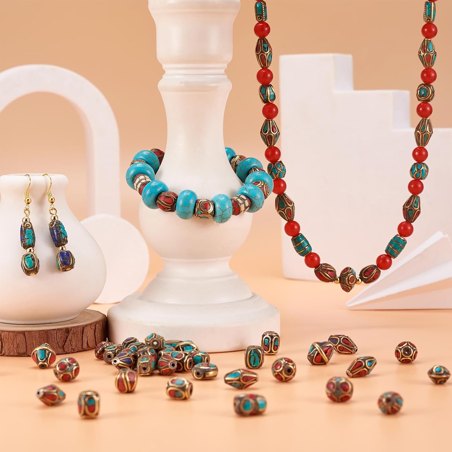 KISSITTY 50Pcs Handmade Tibetan Style Bead Spacer Beads Round Column Bead Handmade Buddha Loose Bead Mixed Shape for Earring Necklace Bracelet Jewelry Making - Image 2