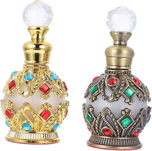 2 botellas de perfume de vidrio vintage rellenables, contenedor de aceite esencial estilo antiguo con bola de gemas para decoración del hogar de