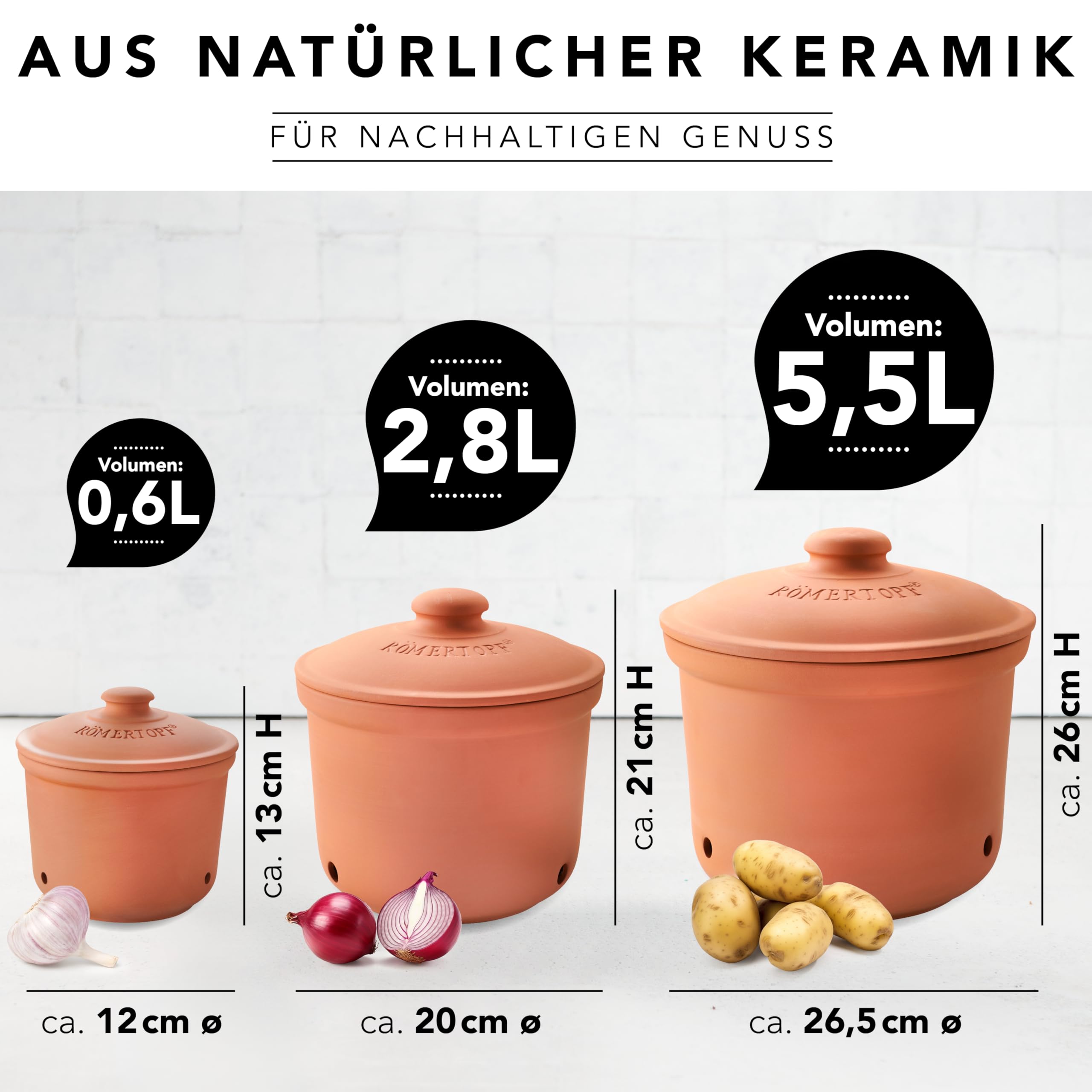 Römertopf zestaw 3 garnków – czosnek, cebula i ziemniaki, ceramiczne pudełko do przechowywania – oddychająca glina utrzymuje świeżość warzyw dłużej – terakota