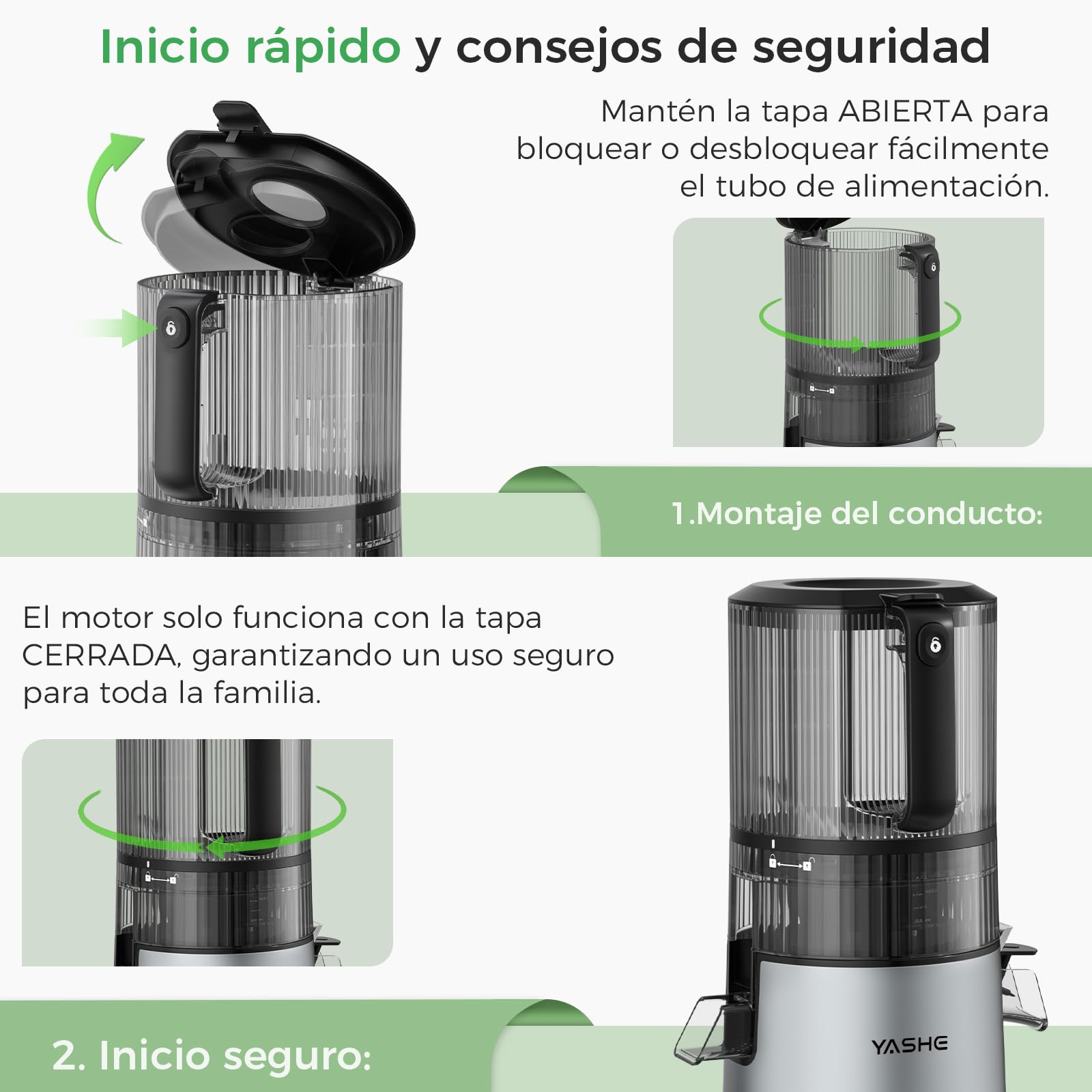 YASHE Extractor de Zumos Prensado en Frío 600W, Boca XL 152 mm para Frutas y Verduras Enteras, Filtro 3 en 1 (Zumo, Sorbete, Leche Vegetal), Alto Rendimiento, Apto Lavavajillas, Sin BPA