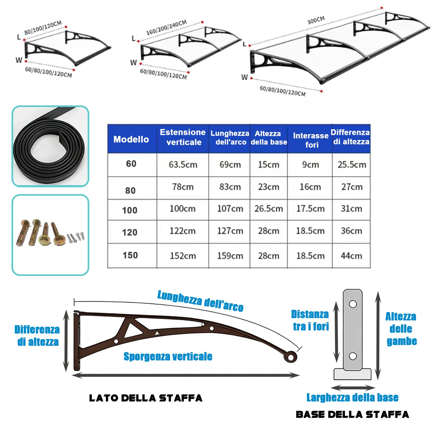 Pensilina Tettoia Silenziosa per Porta Finestra d’Ingresso – Copertura in Policarbonato Trasparente – Antipioggia, Antineve e Anti-UV Ideale per Giardino e TerrazzoW*L:80 * 200cm