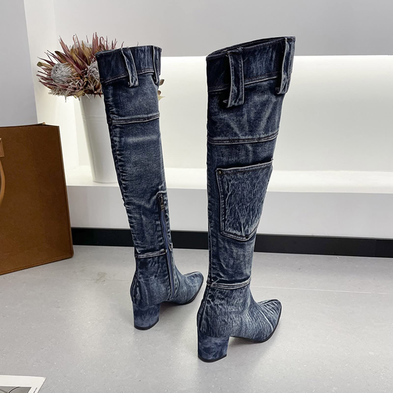 Stivali sopra Ginocchio Elasticizzati alla con Tacco in Denim Solido Vintage da Donna Stivali Gomma Alti 43 Anfibi Donna Pelle