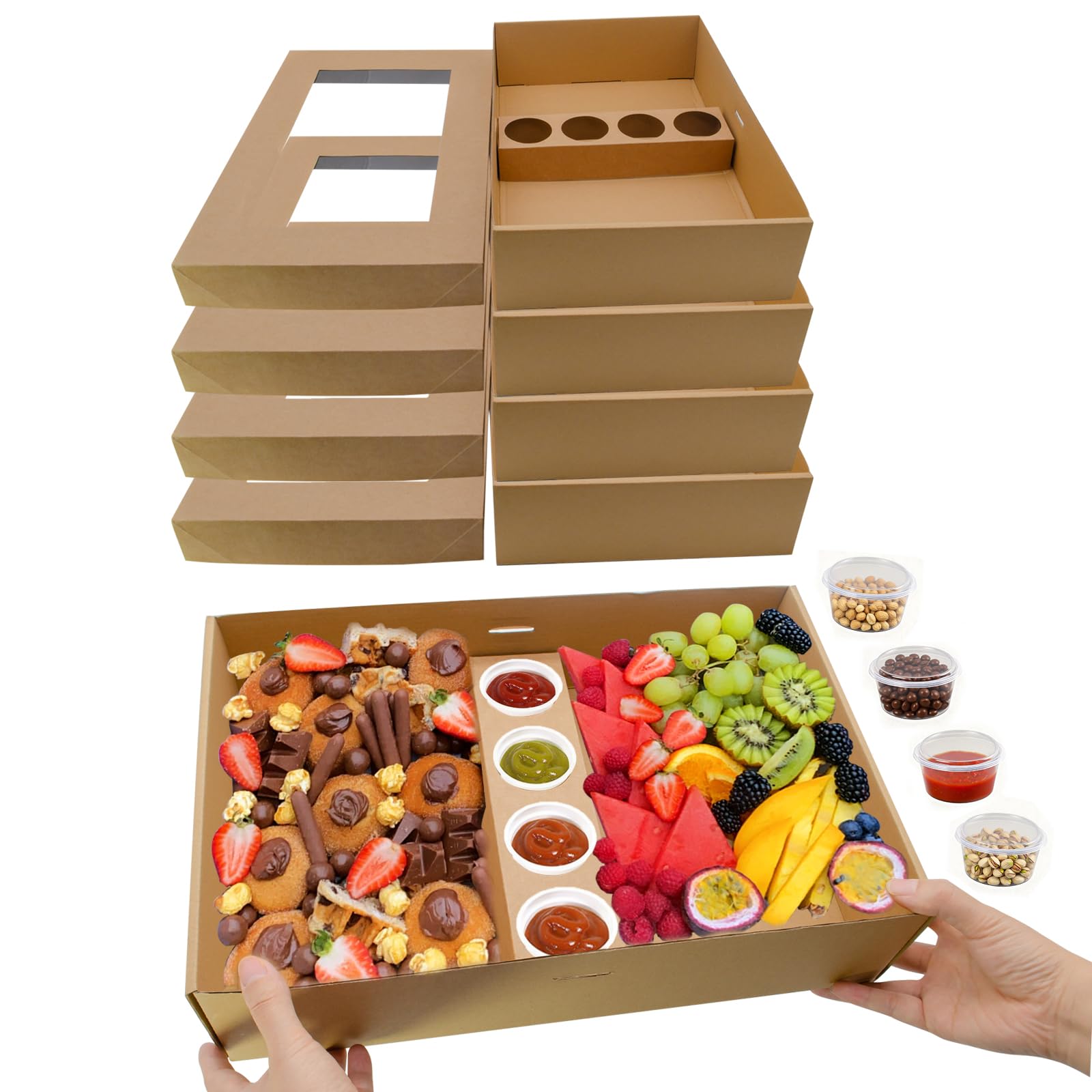 Bandeja grande para servir con tapa (resistente) – 10 juegos de cajas desechables de cartón con insertos de taza, recipientes a prueba de aceite para llevar para 5-8 invitados, ideal para