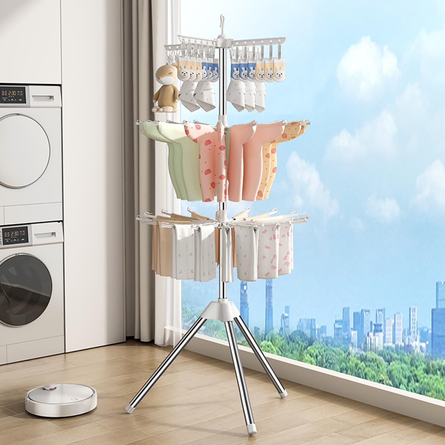 LEOPAX Foldable Clothes Drying Rack Standing Garment Hanger 3-Tier with 24 Clips and 32 Towels Bars Space Saver for Baby Socks, Saliva Towels, Bibs, Underwear, Gloves, Scarves, Diapers - White (DIY)