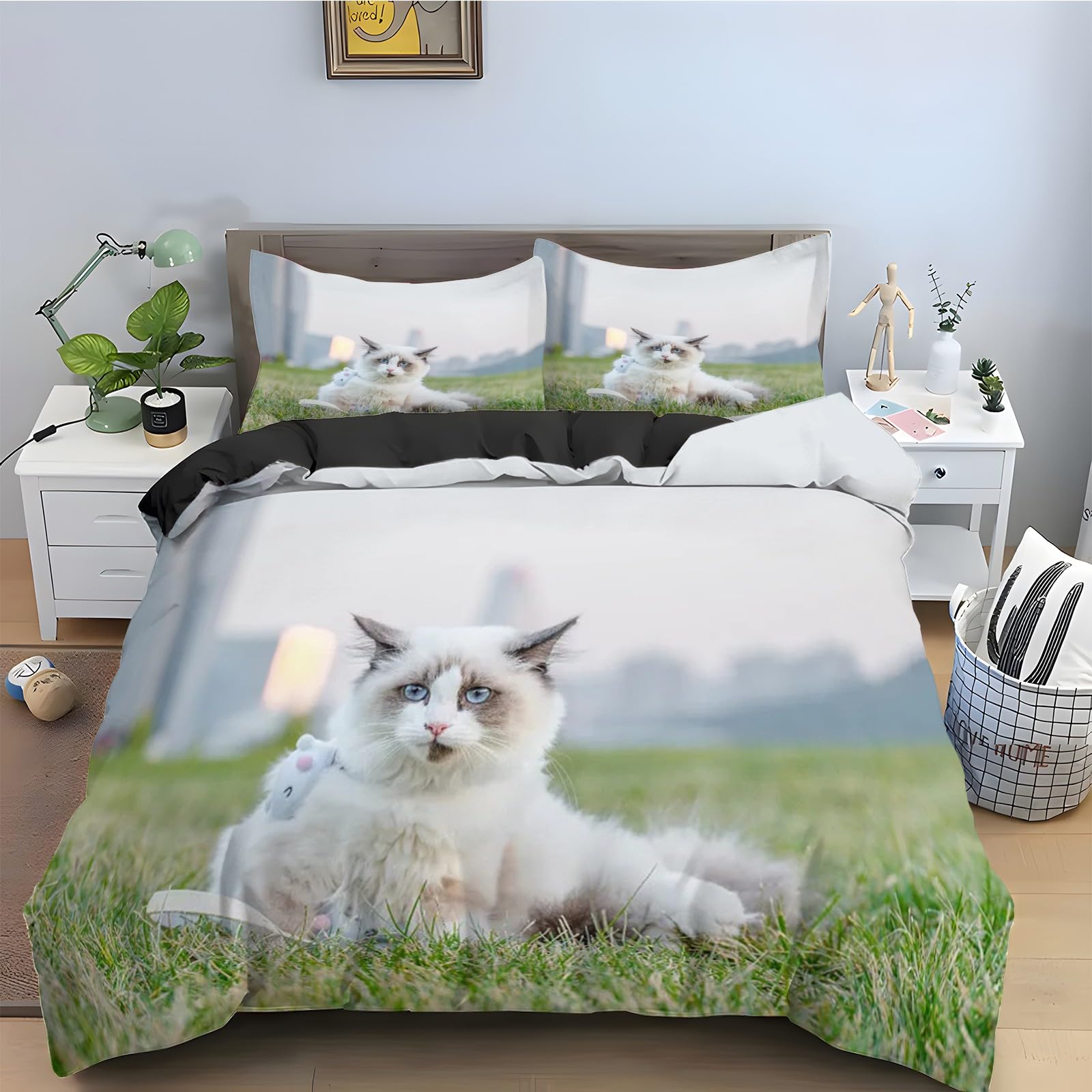 Housse de couette animal chat ragdoll douce en microfibre avec 2 taies d'oreiller