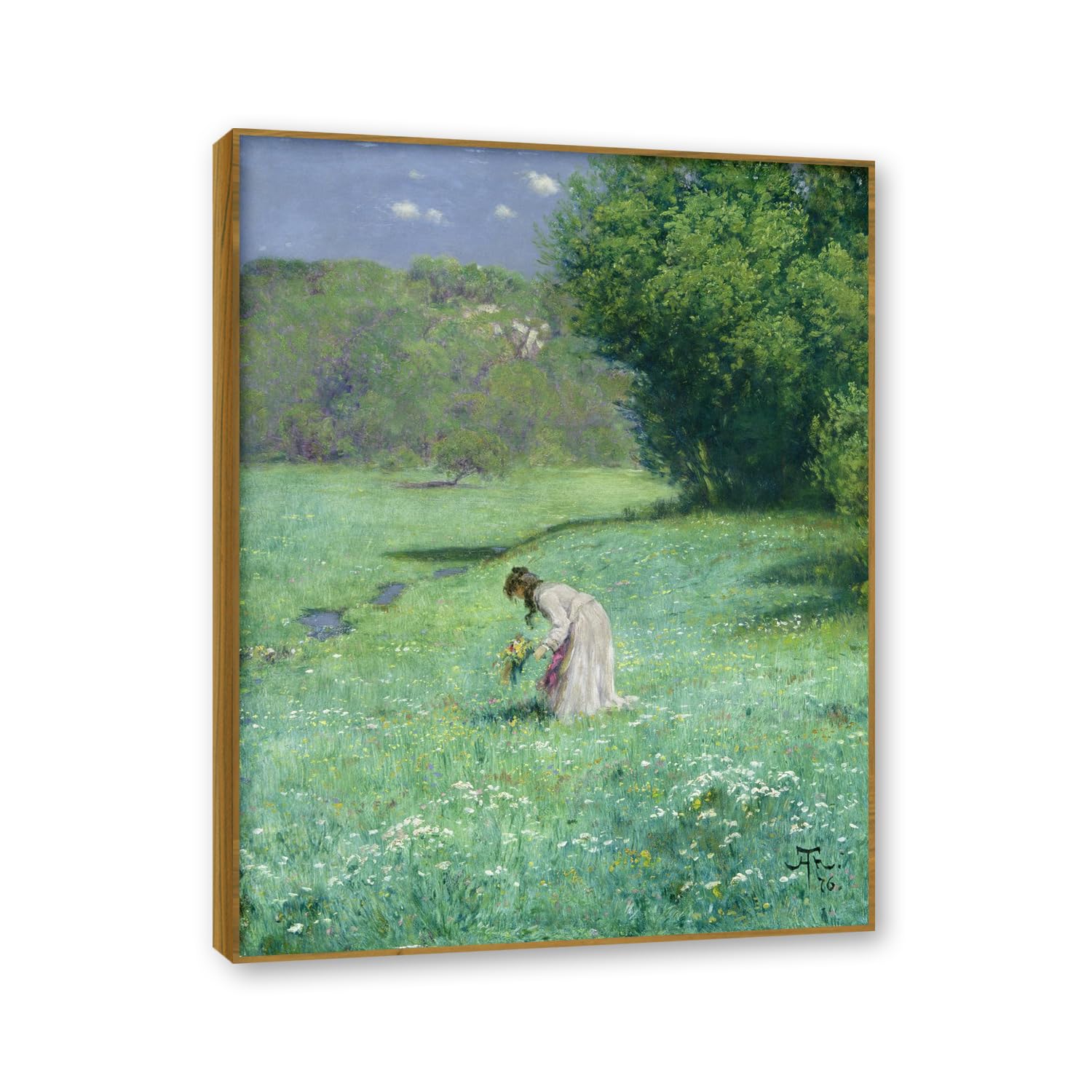 NHLDZYH Teak Frame. Hans Thoma Style Canvas Wall Art - (Woodland Meadow), German Romantic Realism Painting with Symbolic Nature, Rustic Country Home Decor. 70x90cm-27.6x35.4in