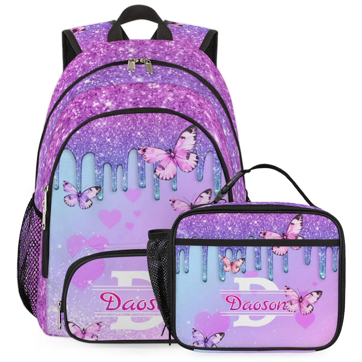 Cmizedevise Name Personalized Backpack with Lunch Box, Lightweight Waterproof Glitter Customizable Name Backpack Set Coral Purple Butterfly