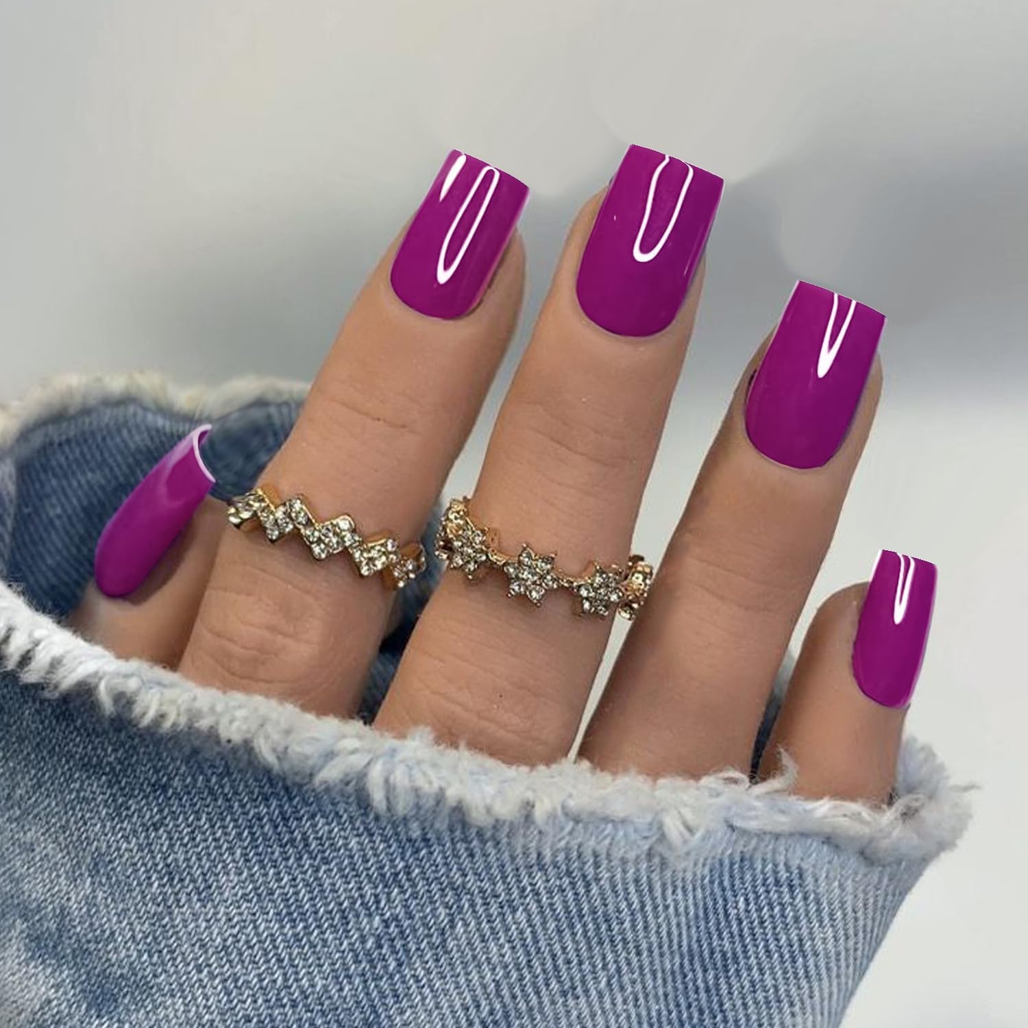 KQueenest Acrylic Press on Nails Short Medium Square, Berry False Nails Short Coffin - Image 3