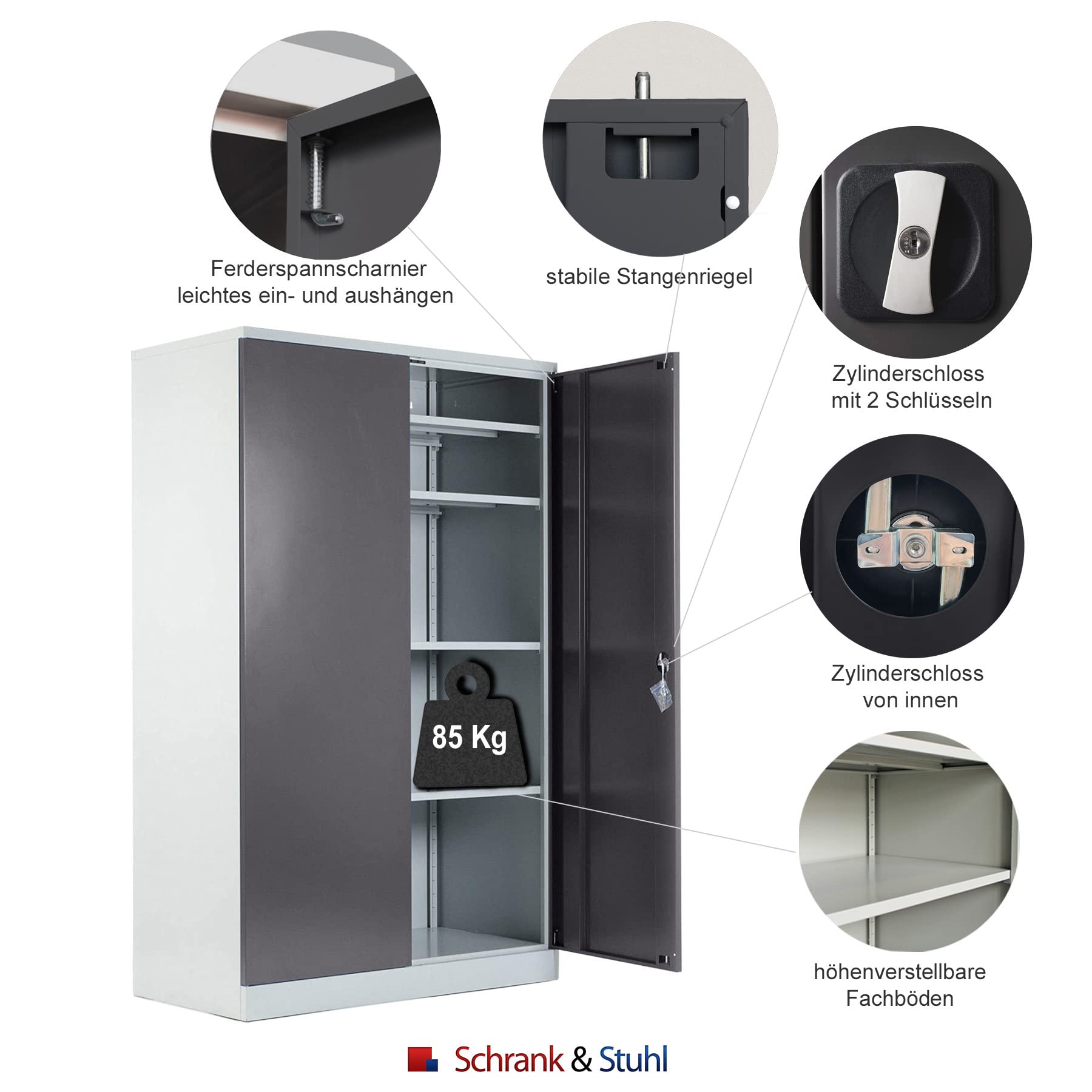 Schrank & Stuhl Werkzeugschrank Koloss – Werkstattschrank mit 4 höhenverstellbaren Fachböden, Stahlschrank für Werkzeuge, 195 x 120 x 60 cm (H x B x T), Grau/Anthrazit